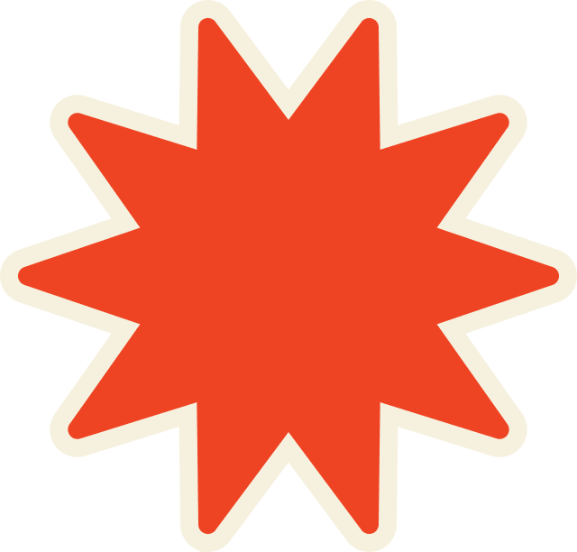 A red starburst shape with jagged edges, outlined in white.