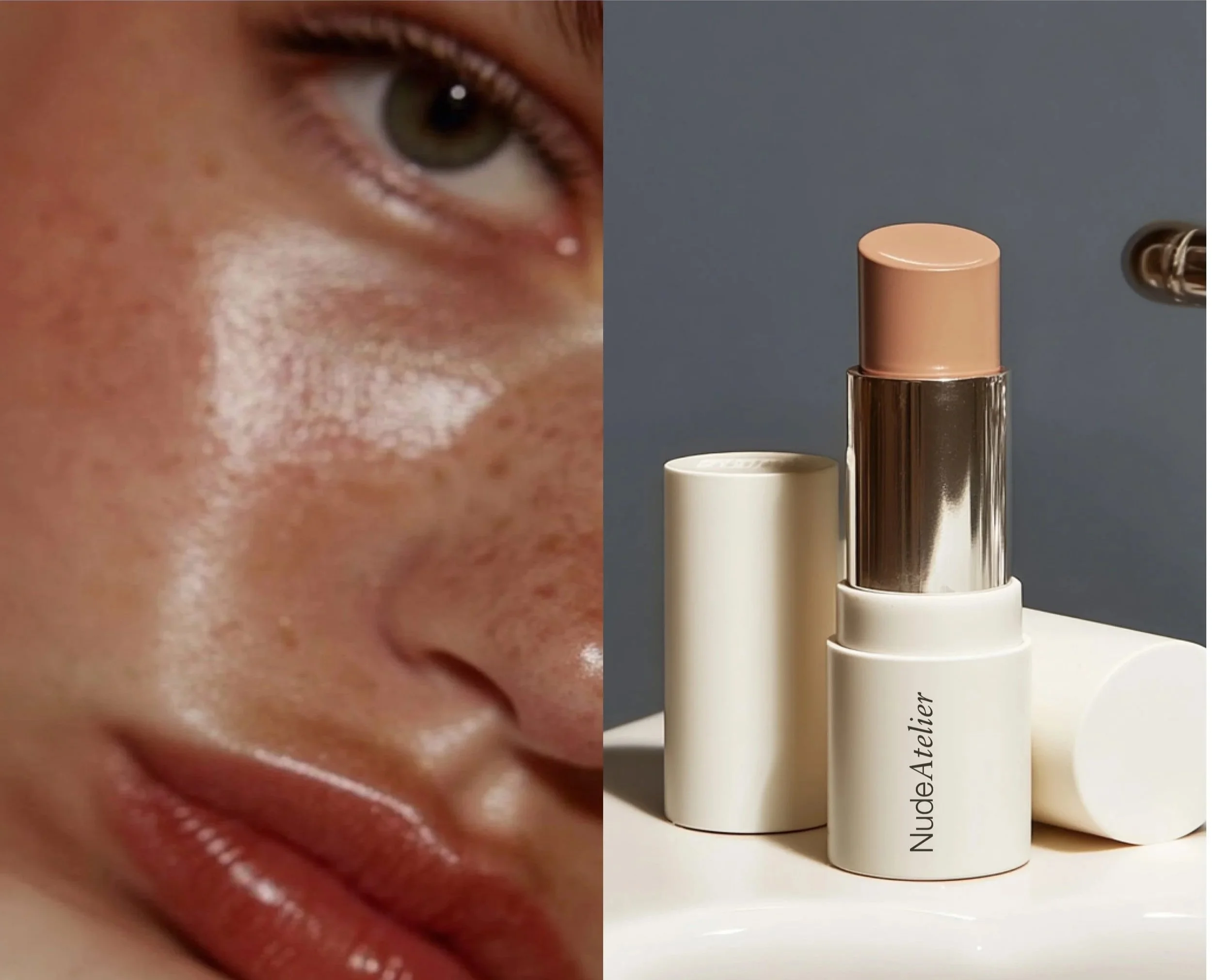 Close-up of a person's face showing a green eye and part of their lips, with a lipstick tube in the background.
