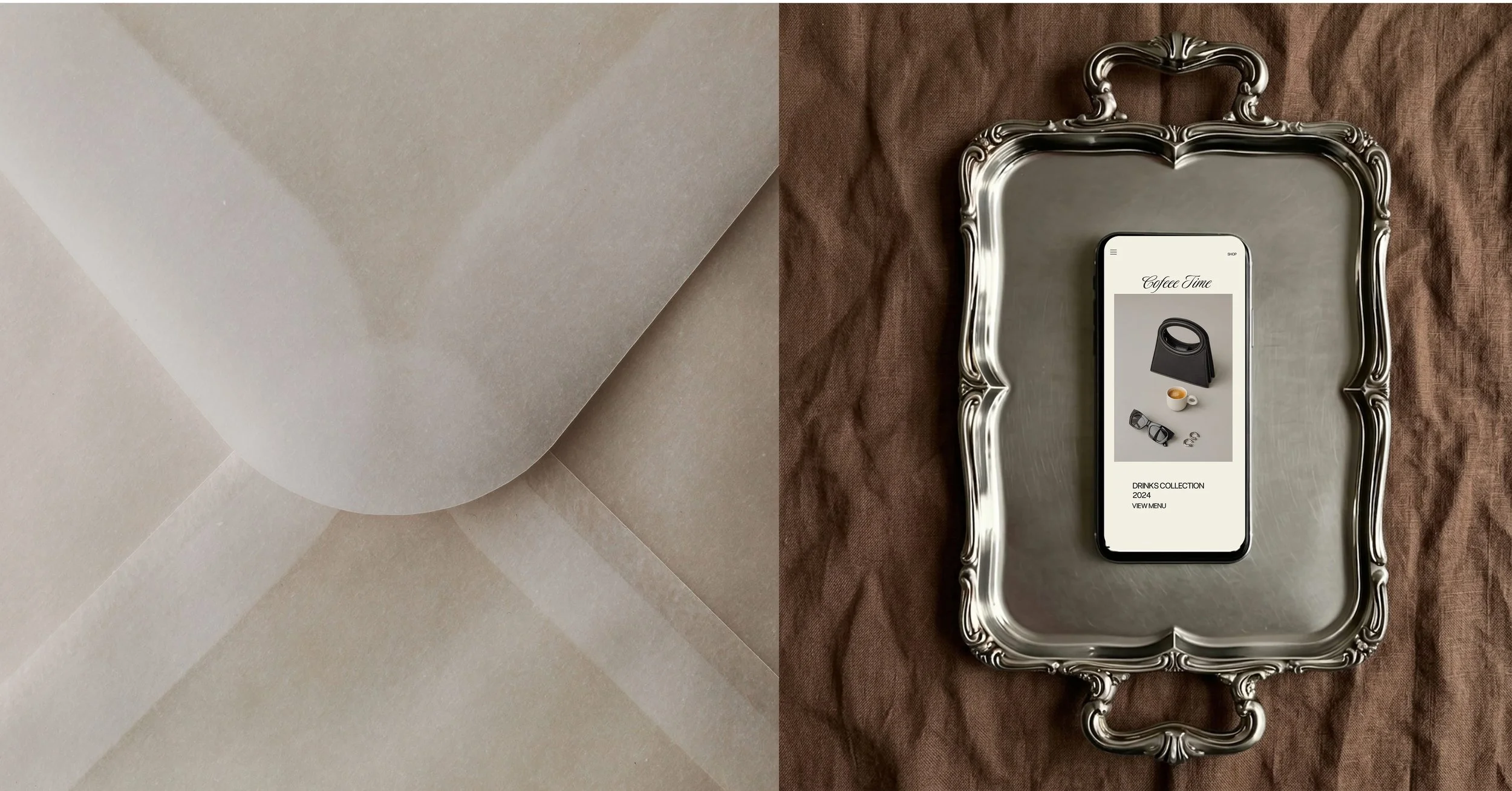 A smartphone displaying a coffee-related website, placed on a silver ornate tray on a textured brown fabric surface, with a beige paper background on the left side.