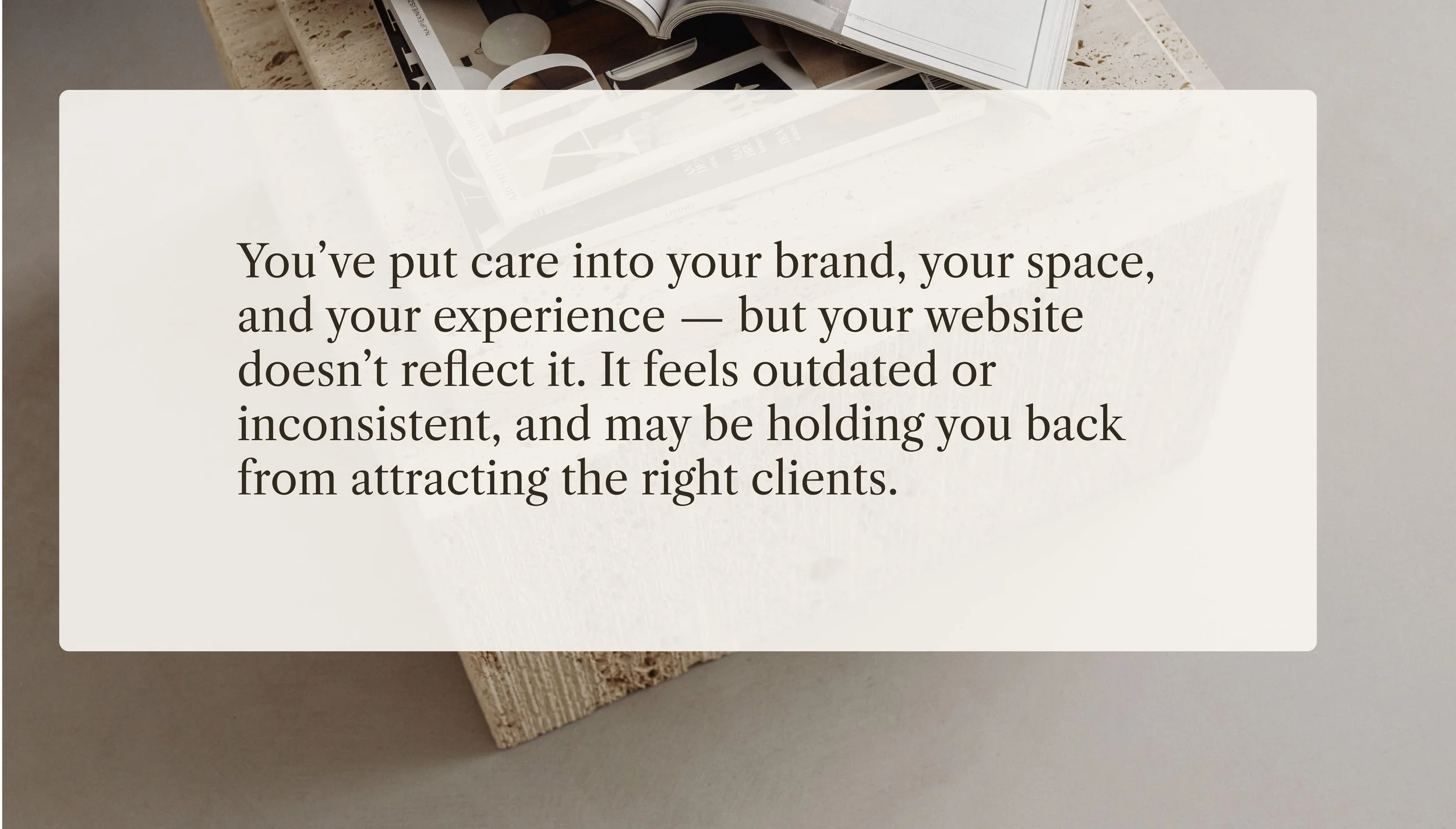 A quote about branding and website presentation over an image of an open magazine or planner on a textured table.