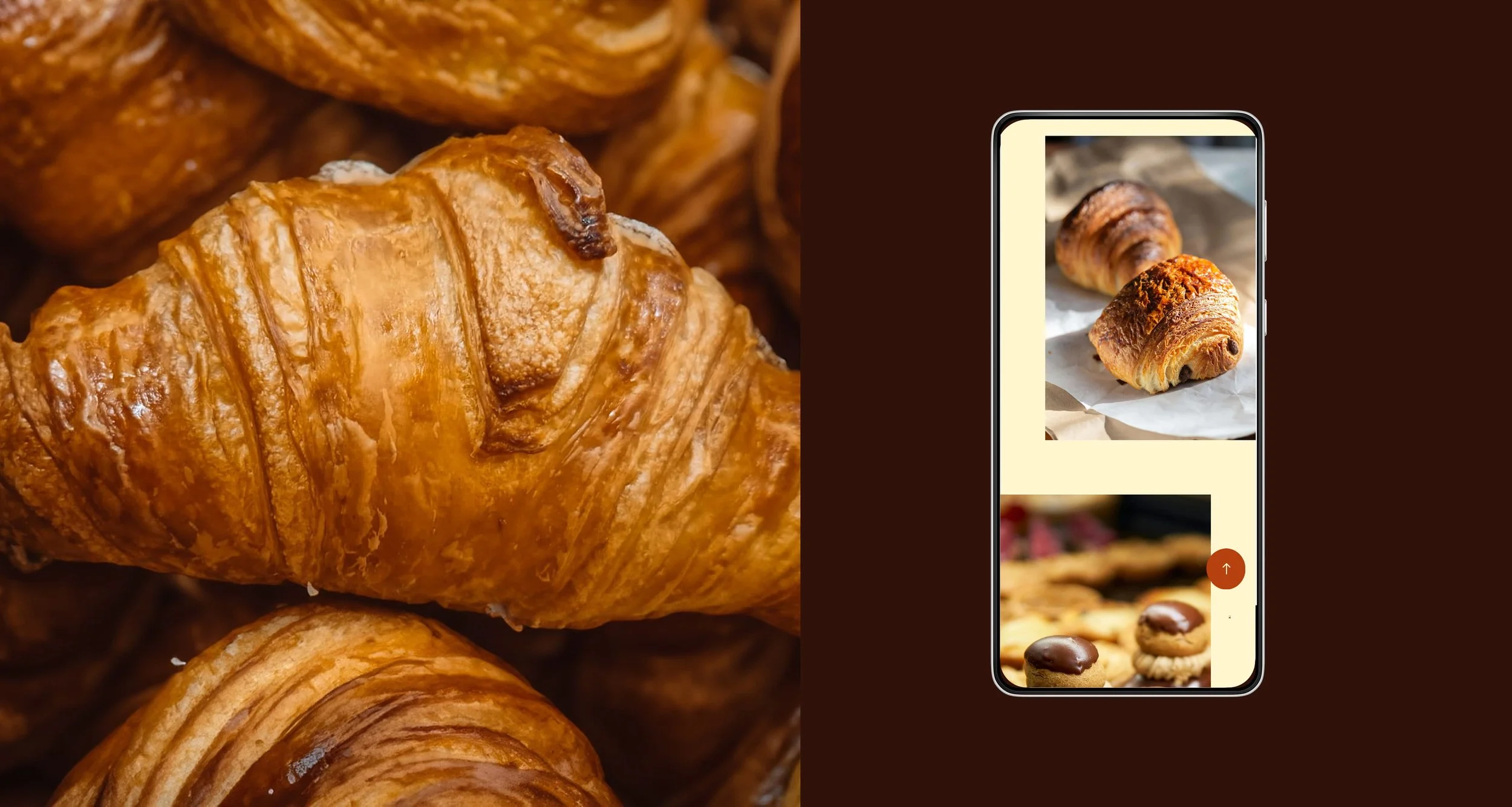 Close-up of flaky, golden-brown croissants and other baked goods, with a smartphone displaying a picture of the croissants.