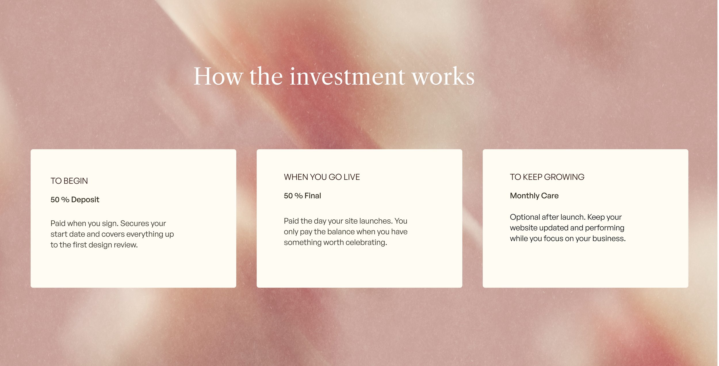 A webpage explaining how an investment works, consisting of three sections: to begin, when you go live, and to keep growing, with details about deposit, final payment, and ongoing care.
