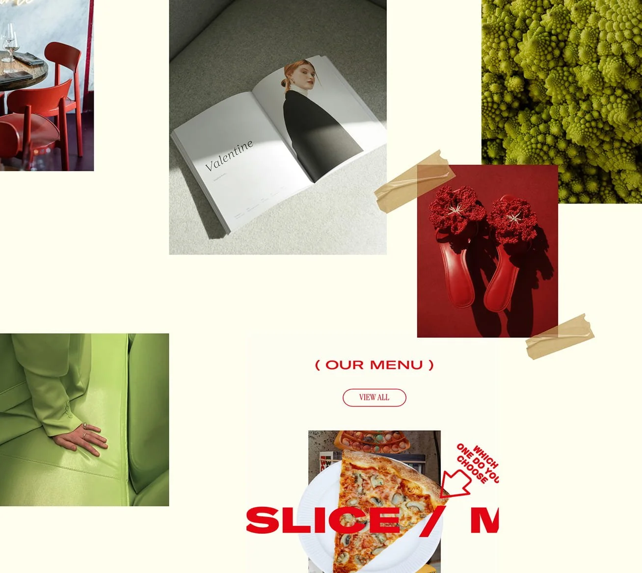 Collage of various images including red chairs at a dining table, an open magazine with a model on the cover, a close-up of green Romanesco broccoli, red slippers with floral embellishments, a person wearing yellow clothing seated on a bright green c
