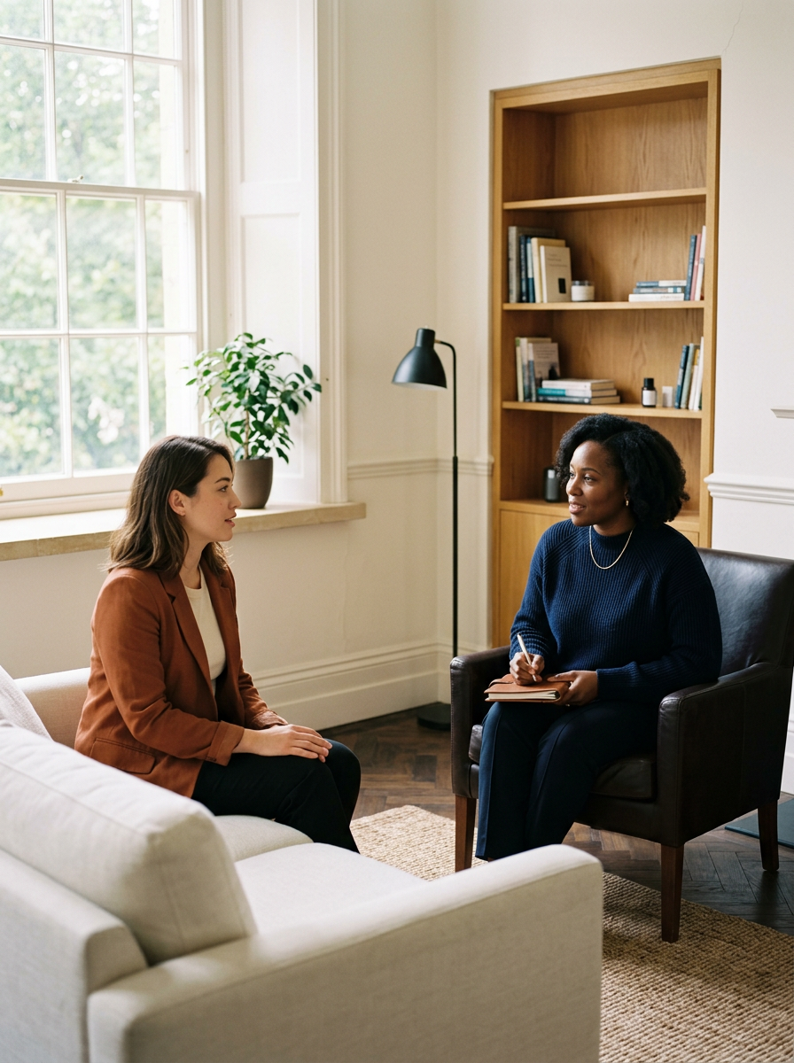 Two women having a therapy session in a living room with a large window, a bookshelf, and a potted plant.