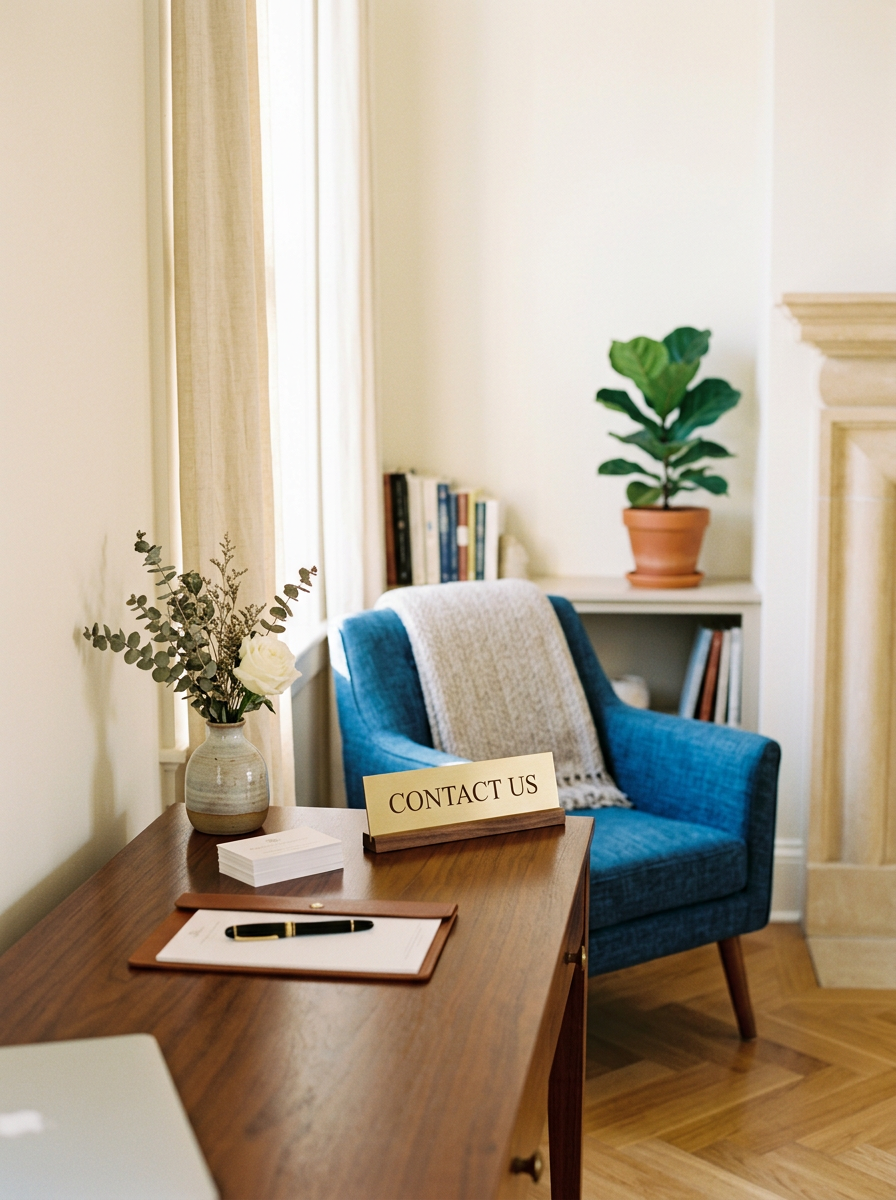 Home office setup with a wooden desk, a blue armchair with a beige blanket, a potted plant, a bookcase, and a 'Contact Us' sign on the desk.