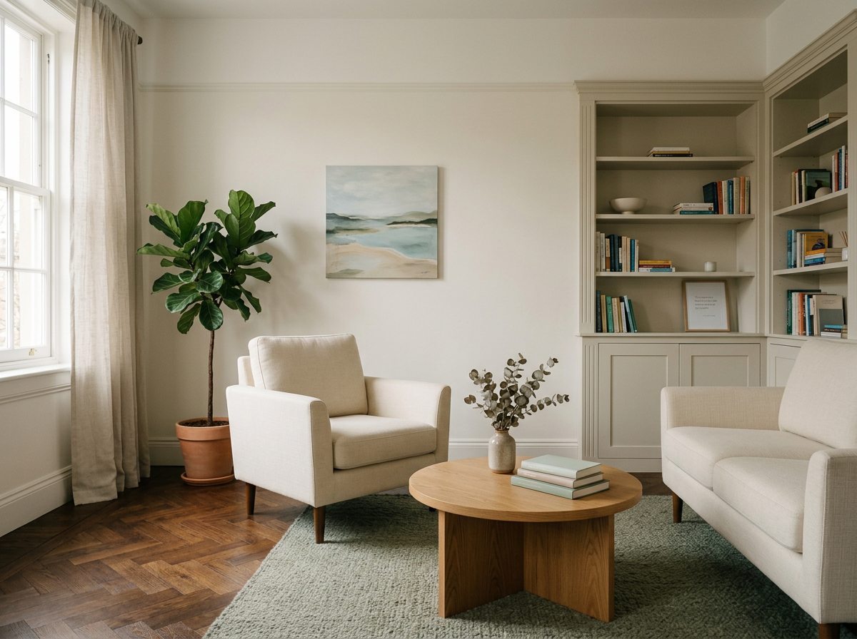 A cozy living room with off-white walls, wooden flooring, and natural light. There are two cream-colored armchairs and a matching sofa arranged around a round wooden coffee table. The coffee table holds a small vase with eucalyptus and a few books. A large potted plant is to the left near the window, which has beige curtains. There is a built-in bookshelf on the right filled with books and a framed quote on the middle shelf. A landscape painting hangs on the wall above the armchair.