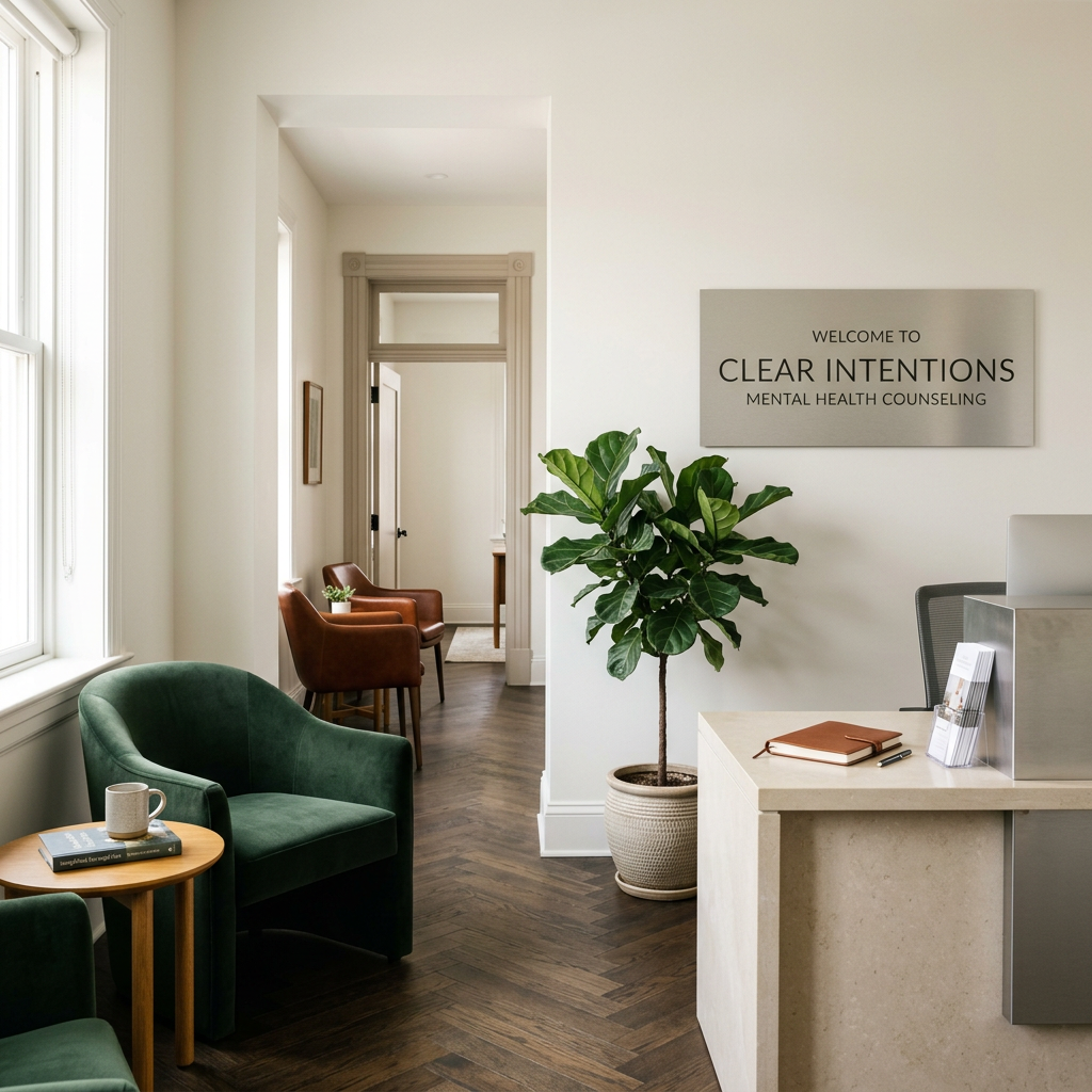 Reception area with green armchair and wooden side table, potted plant, sign reading "Welcome to Clear Intentions Mental Health Counseling," chairs in the hallway, and doorway leading to additional rooms.
