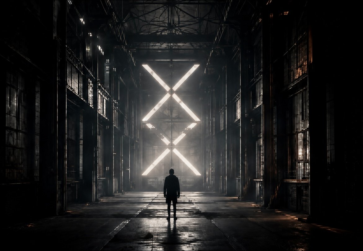 DPC productions branding imagery for Daniel Paul Calvo's industrial, futuristic, dystopian music project SYSTEMS. A person standing inside a large, dark industrial building with bright geometric light fixtures on the back wall.
