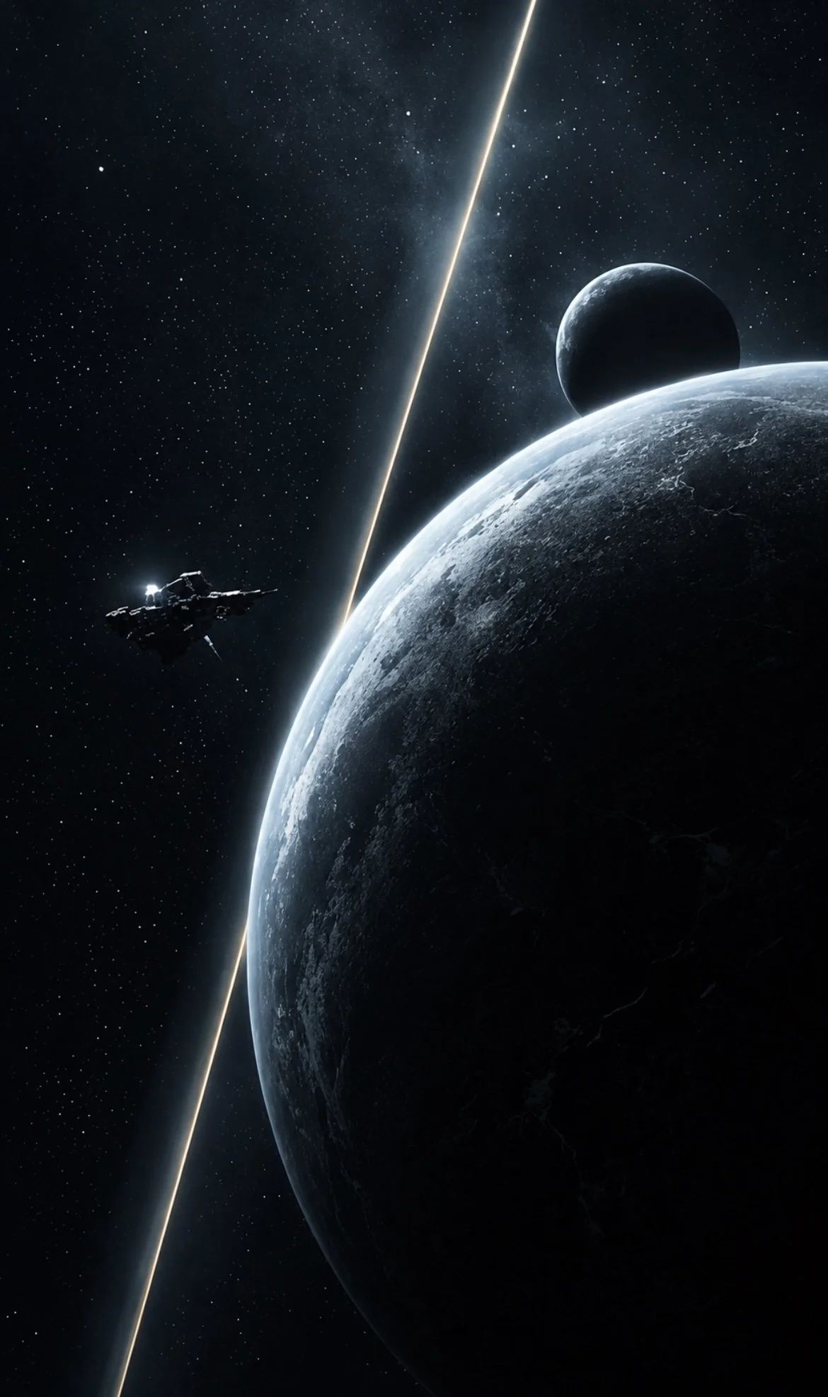 Daniel Paul Calvo music website. a collection of cinematic scores and soundscapes composed for story, atmosphere and immersive worlds. Futuristic DPC website imagery, spaceship floating in space near a large planet with a moon and starry background.