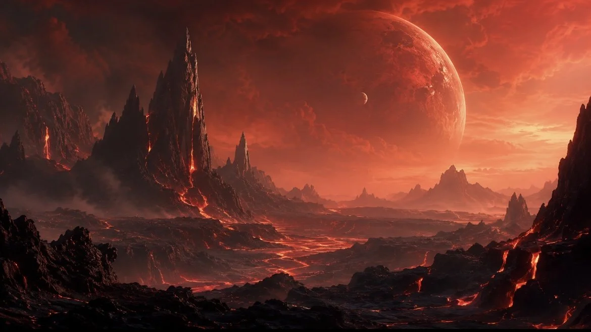 Daniel Paul Calvo's  website imagery for future worlds. Presenting the industrial, ambient and instrumental musical scores for sync licensing.  A fiery volcanic landscape, mountain peaks, glowing lava on a red planet w smaller moon in the sky.