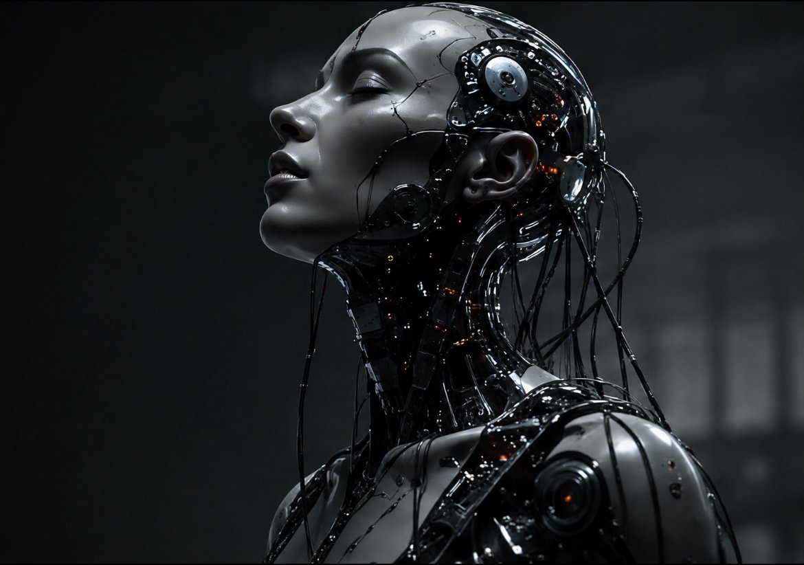 DPC productions branding imagery for Daniel Paul Calvo's industrial, futuristic, dystopian music project SYSTEMS.  A futuristic humanoid robot with a human face and metallic body, with visible wires and mechanical parts.