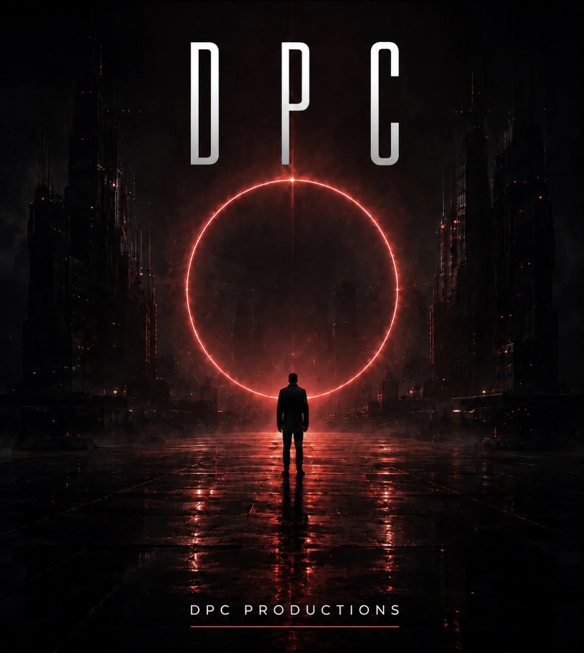 A person standing on a reflective wet surface in front of a glowing red circular structure in a dark, futuristic cityscape, with the text 'DPC' at the top and 'DPC PRODUCTIONS' at the bottom.
