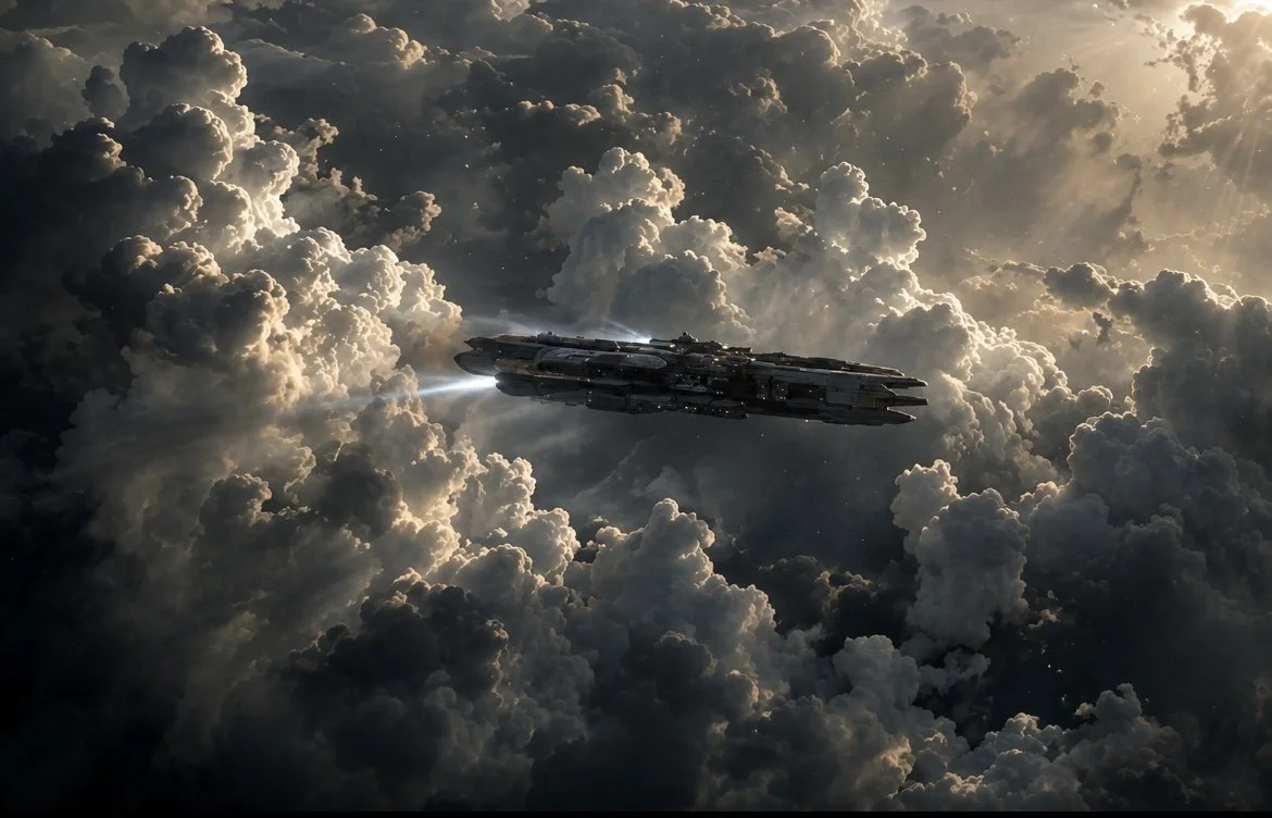 Daniel Paul Calvo music website. a collection of cinematic scores and soundscapes composed for story, atmosphere and immersive worlds. Futuristic DPC website imagery, spaceship flying through dense clouds in outer space with sunlight shining through.