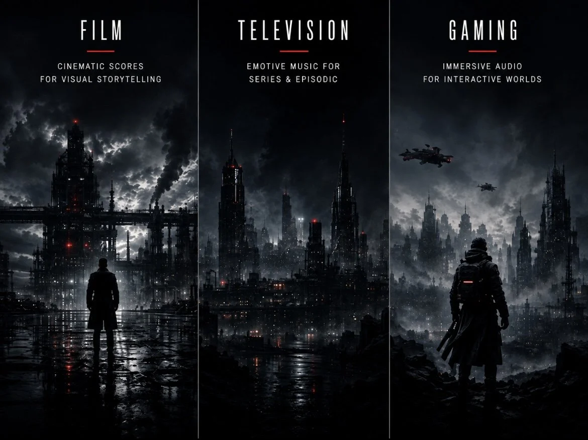Dark futuristic cityscape divided into three sections labeled Film, Television, and Gaming, each with a person standing in the foreground. Film section shows a person looking at a city with industrial buildings and smoke. Television section shows a city with tall skyscrapers at night. Gaming section shows a person with a long coat overlooking flying vehicles over a city, all set against a stormy sky.