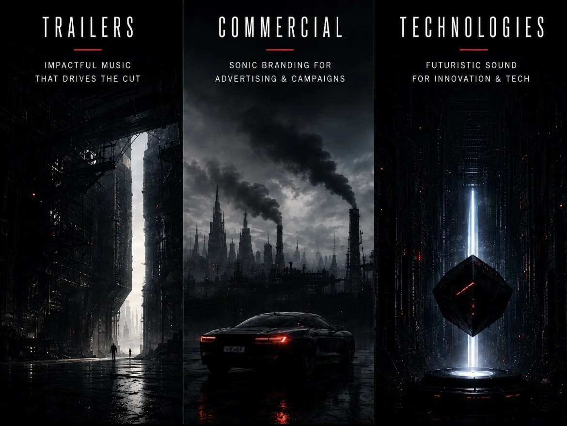 Three vertical panels with text and images. Panel 1 shows a dark city street with skyscrapers and a solitary person, titled "Trailers" with the caption "Impactful music that drives the cut." Panel 2 depicts an industrial cityscape with smoke stacks, a car, titled "Commercial" with the caption "Sonic branding for advertising & campaigns." Panel 3 features a futuristic scene with a floating cube emitting light, titled "Technologies" with the caption "Futuristic sound for innovation & tech."