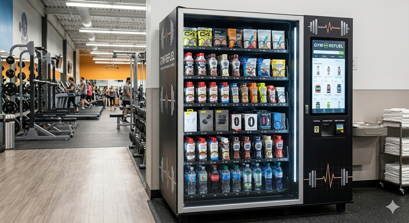 Vending machine filled with bottled drinks and supplements in a gym, with people working out in the background.