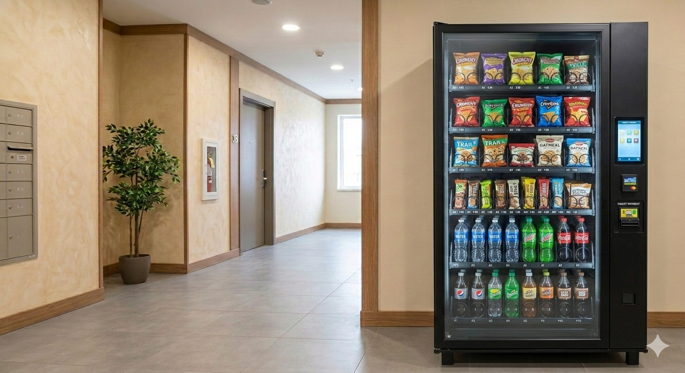 A vending machine filled with snacks and sodas in a hallway with beige walls, a potted plant, and mailboxes.