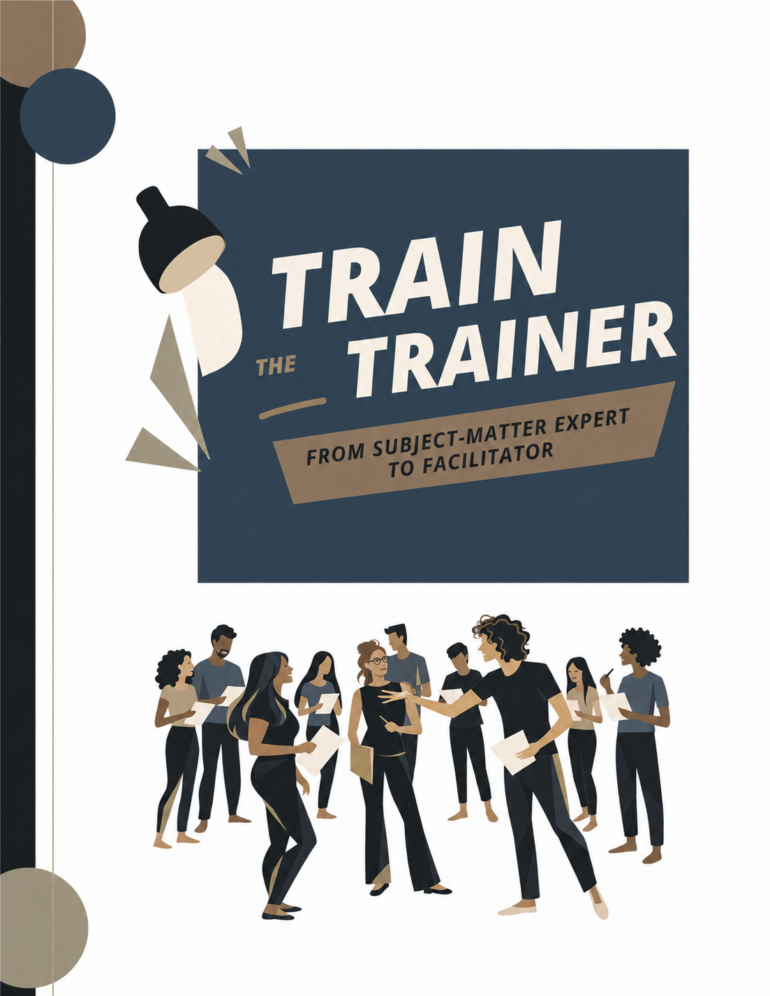 People attending a training seminar titled 'Train the Trainer' with a subtitle 'From Subject-Matter Expert to Facilitator' on a large screen, with an instructor engaging with the audience.