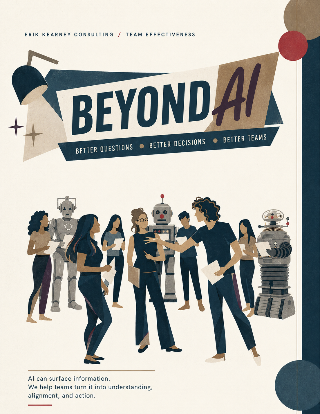 Illustration of a diverse team of people and robots collaborating, with the text 'Beyond AI' and the tagline 'Better questions, better decisions, better teams'.
