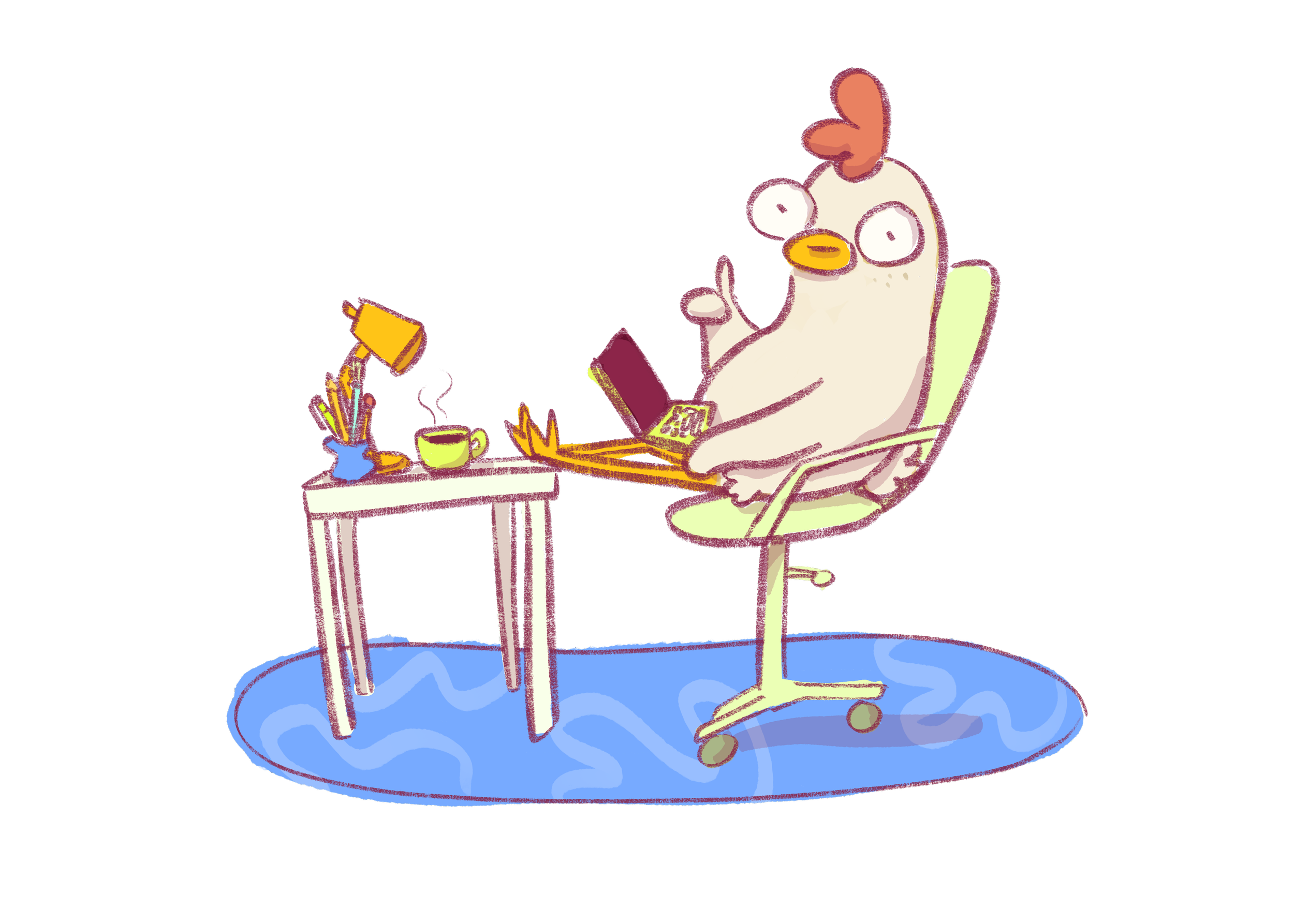 Illustration of a chicken character working on a laptop from a home office