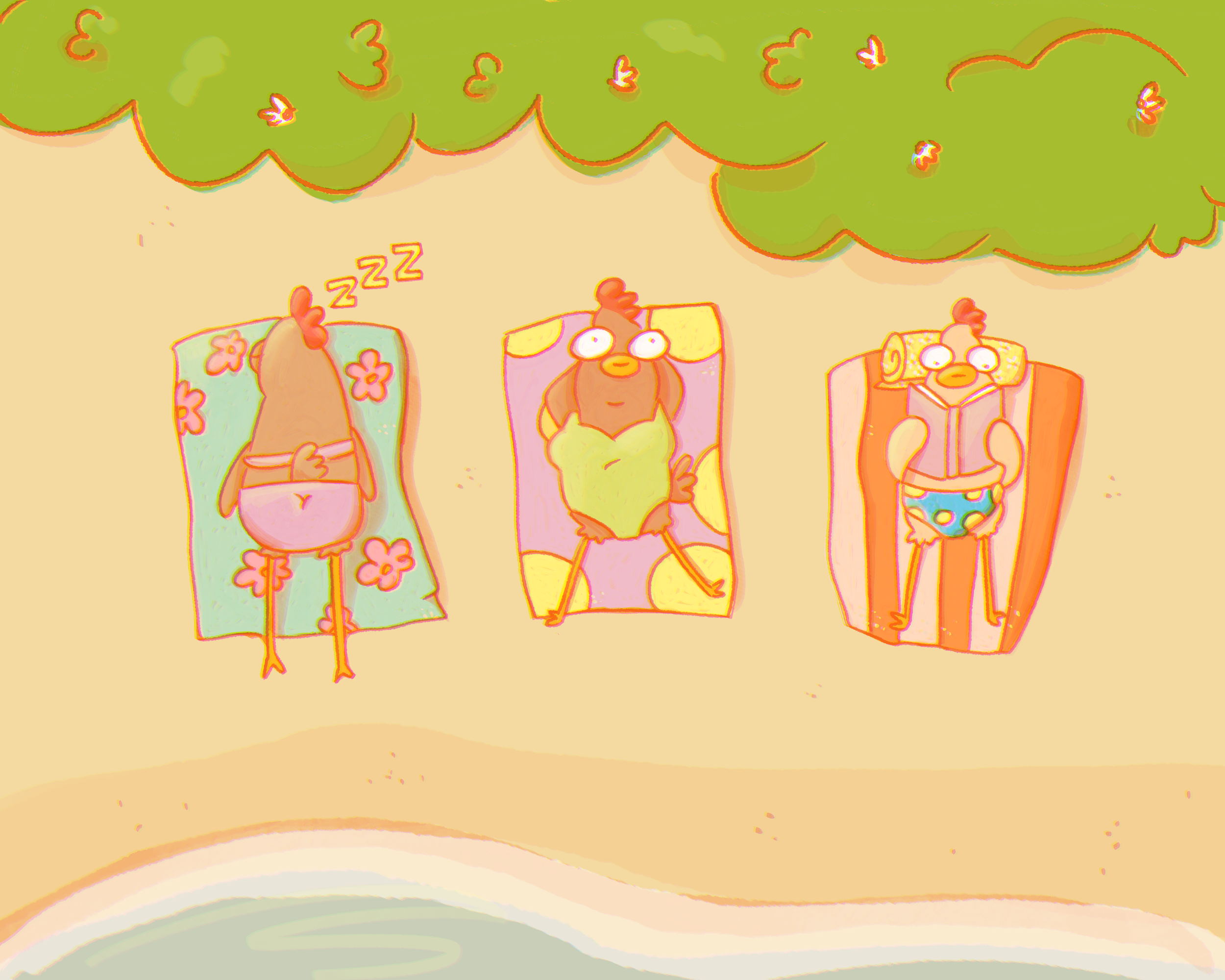 Whimsical illustrated beach scene of three chicken characters laying on beach towels