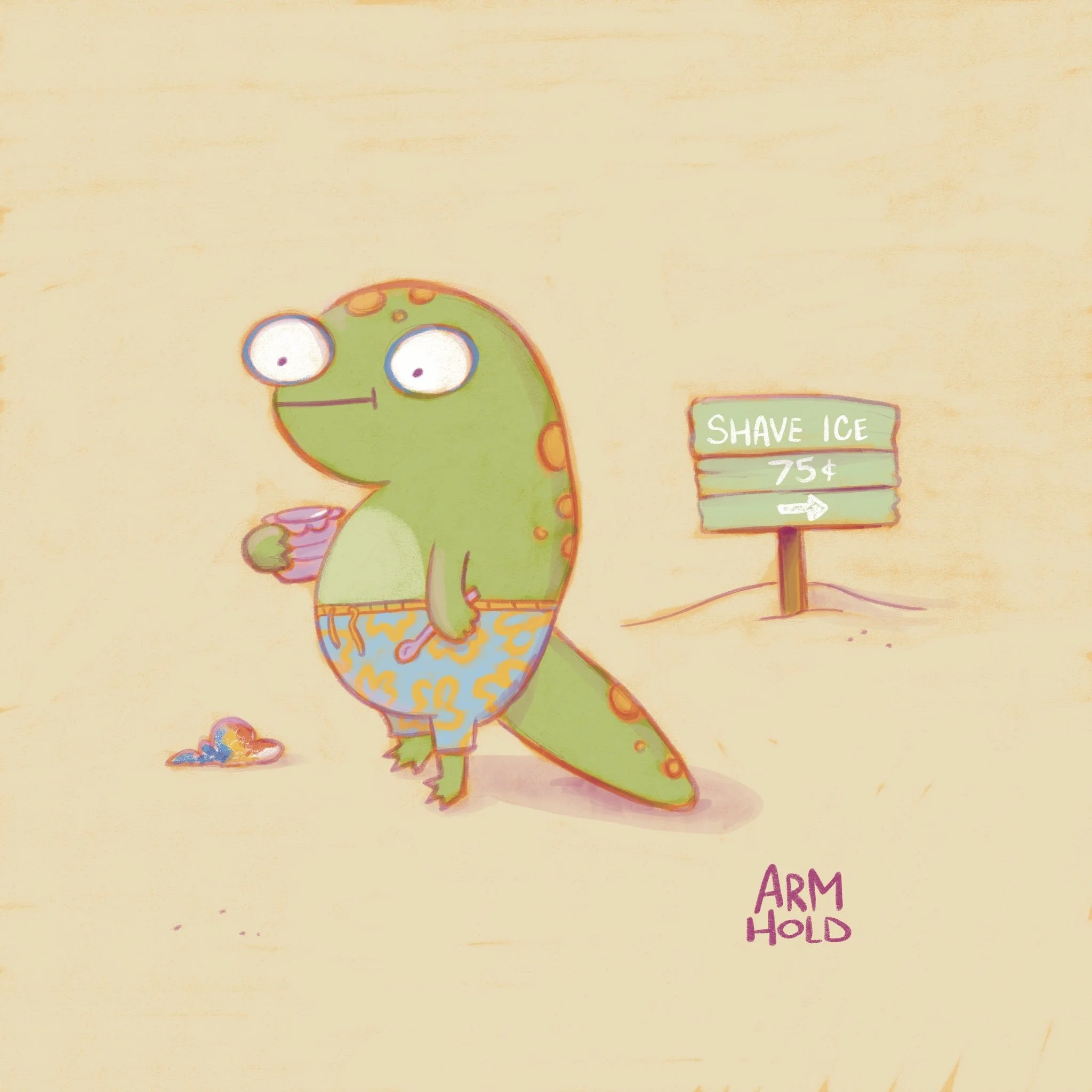 Funny illustrated scene of a gecko in swim shorts holding a shaved ice treat that has fallen on the ground