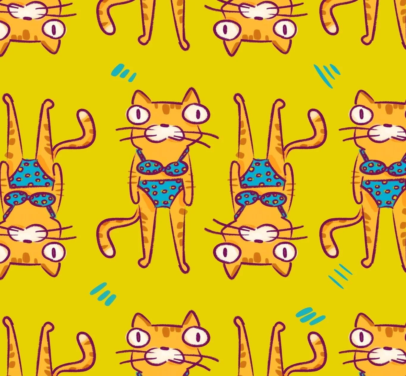 Coastal repeat pattern of cartoon cat in bikinis