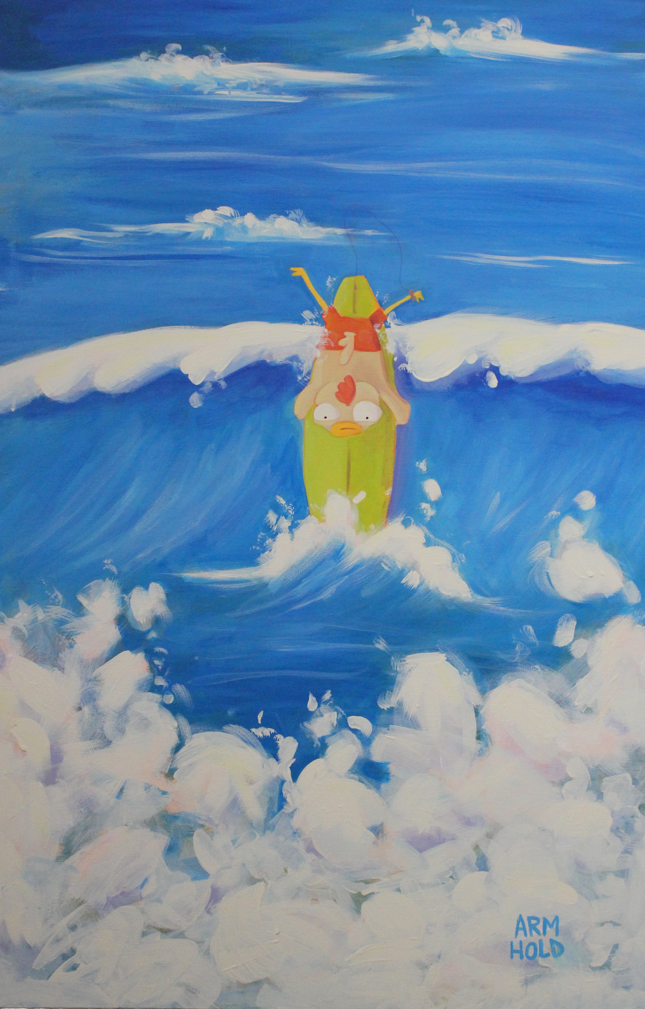 Original Artwork by Jennifer Armhold of a chicken character "pearling" while trying to surf a wave