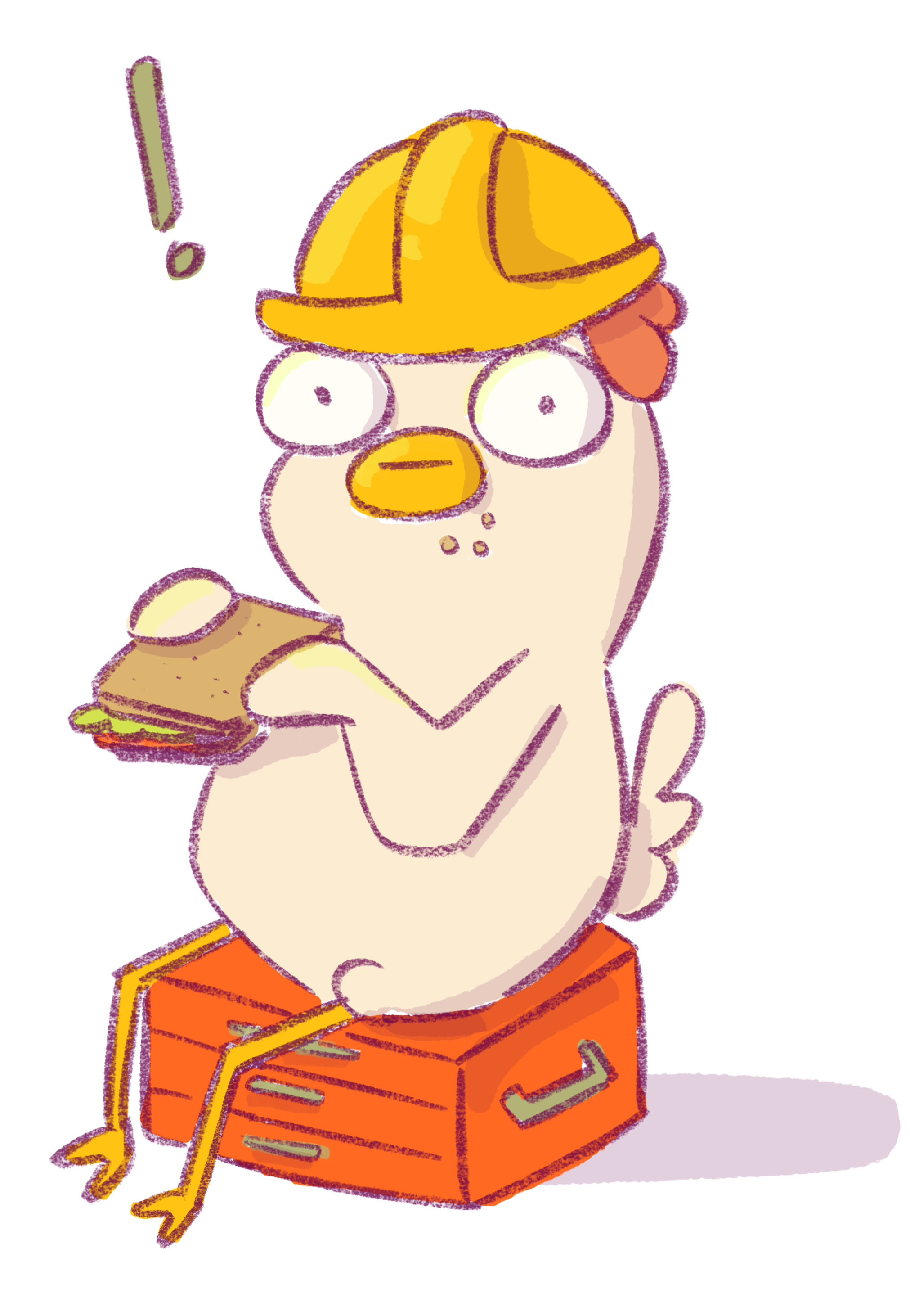 Cartoon chicken wearing a yellow construction helmet, sitting on an orange crate, holding a sandwich, with exclamation point above its head.