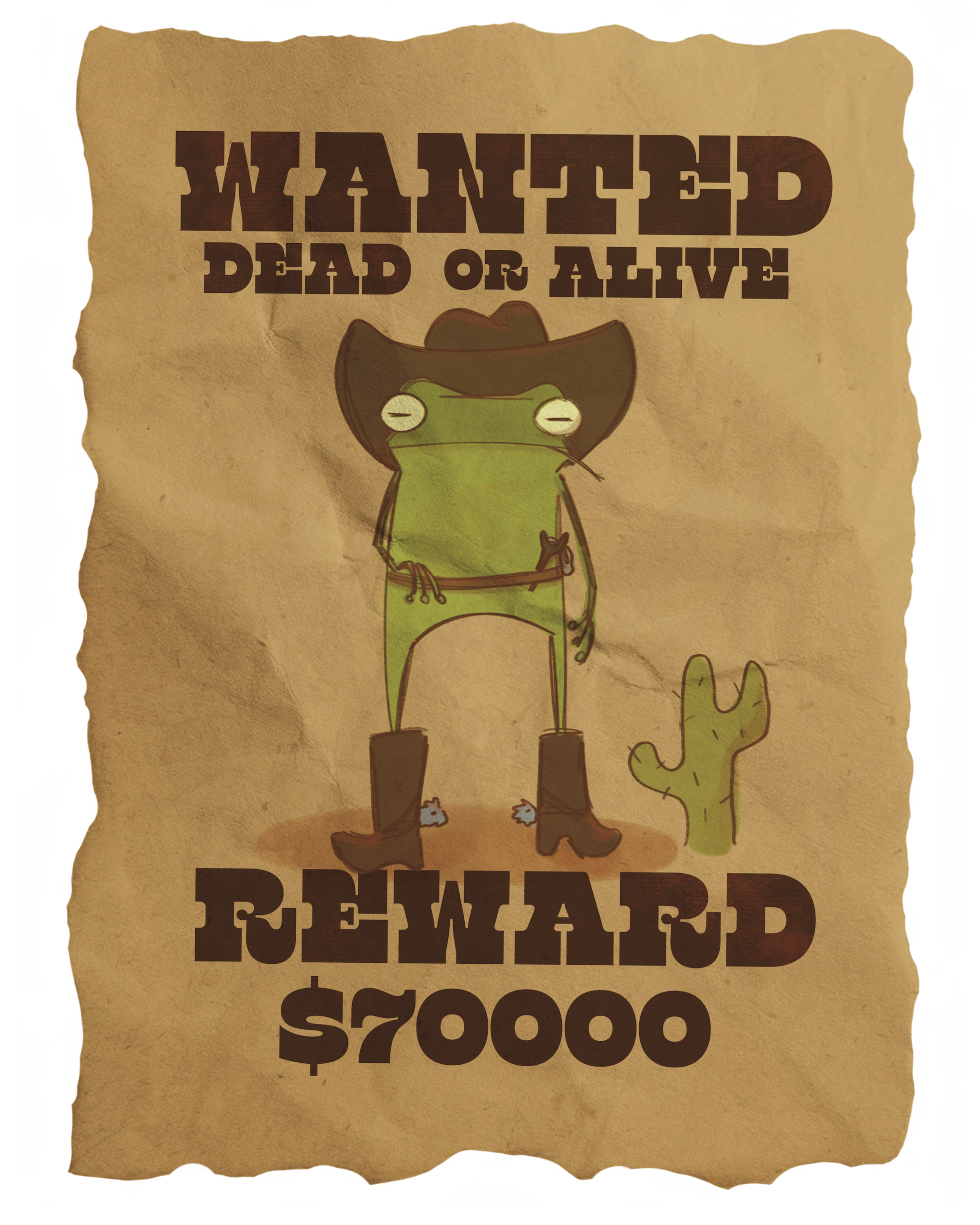 Funny western wanted poster with illustration of a frog in a cowboy hat and boots