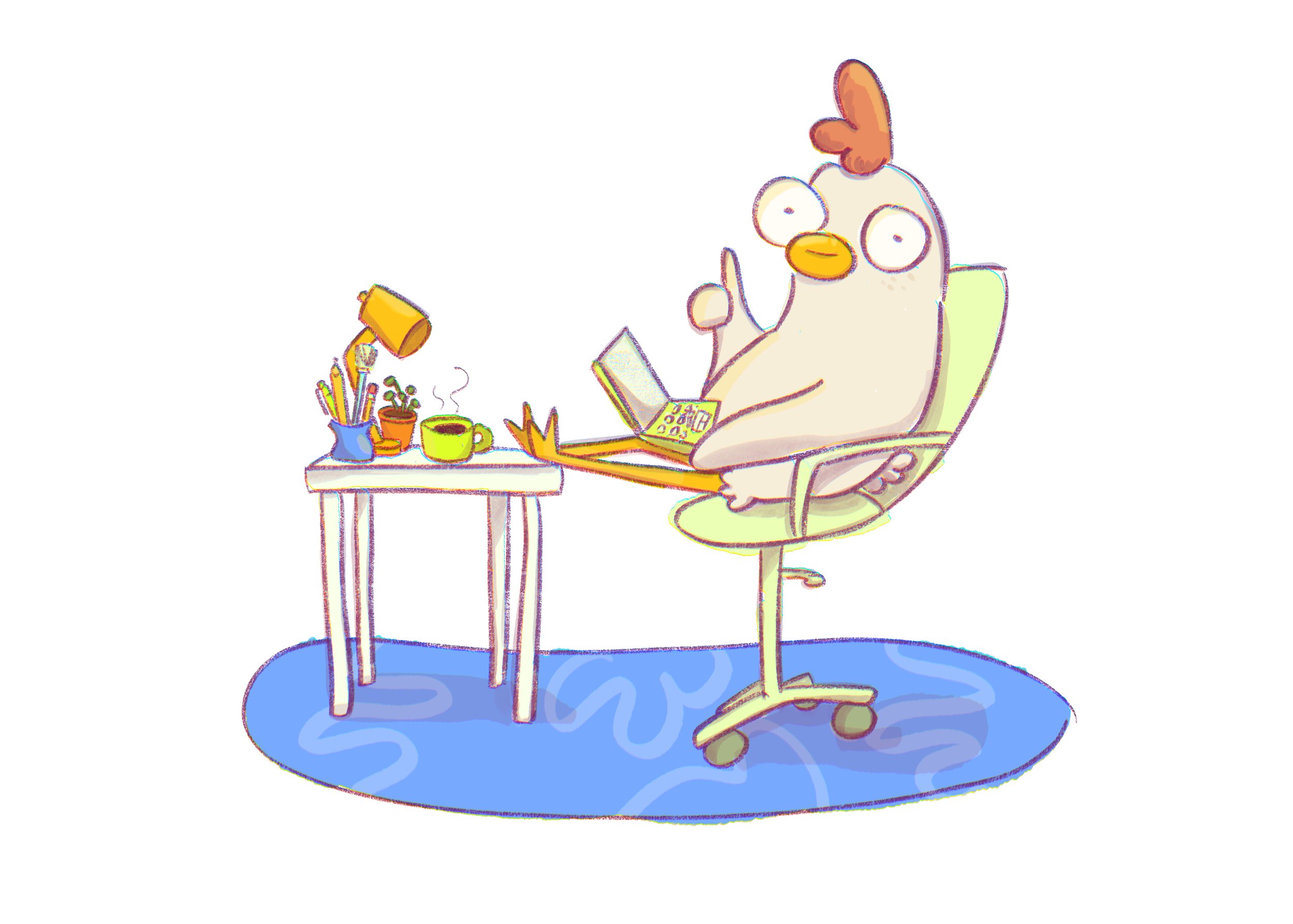 Illustration of a chicken character working out of a home office
