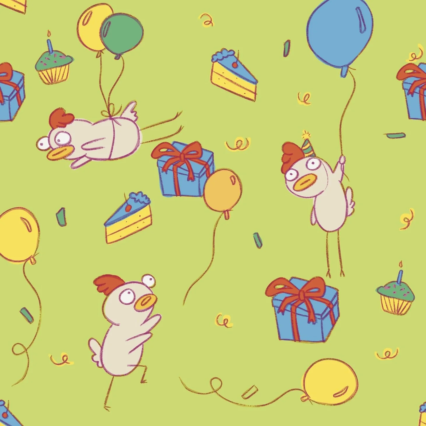 Celebration themed repeat pattern sample with chickens and birthday motifs
