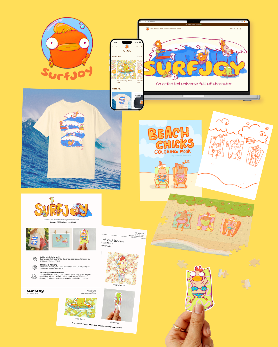 Image collage of designwork across print and digital for the SurfJoy brand including line sheet samples, product mockups, and website mockups