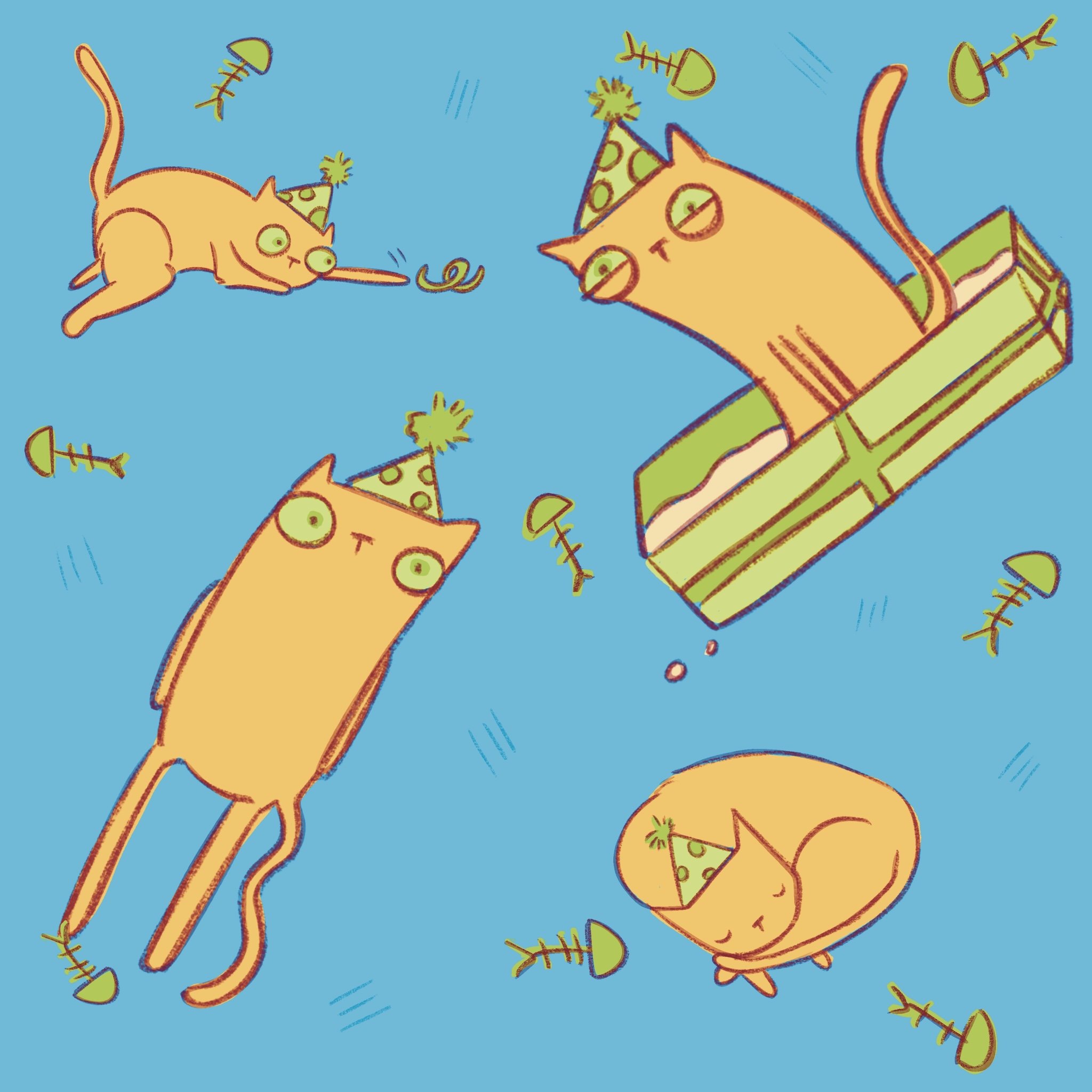Seamless pattern sample with birthday cats in funny poses