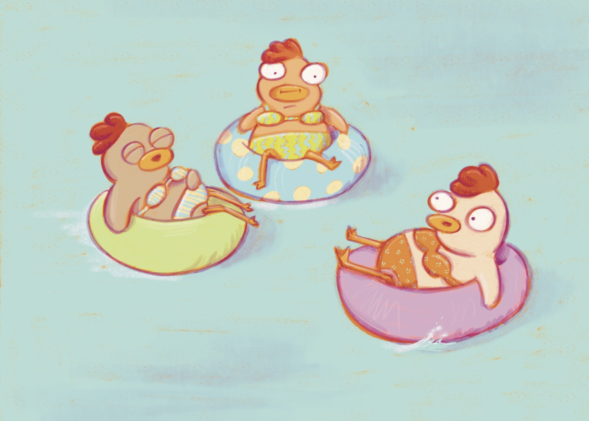Colorful illustrated scene of three chickens in bikinis sitting in beach floatys
