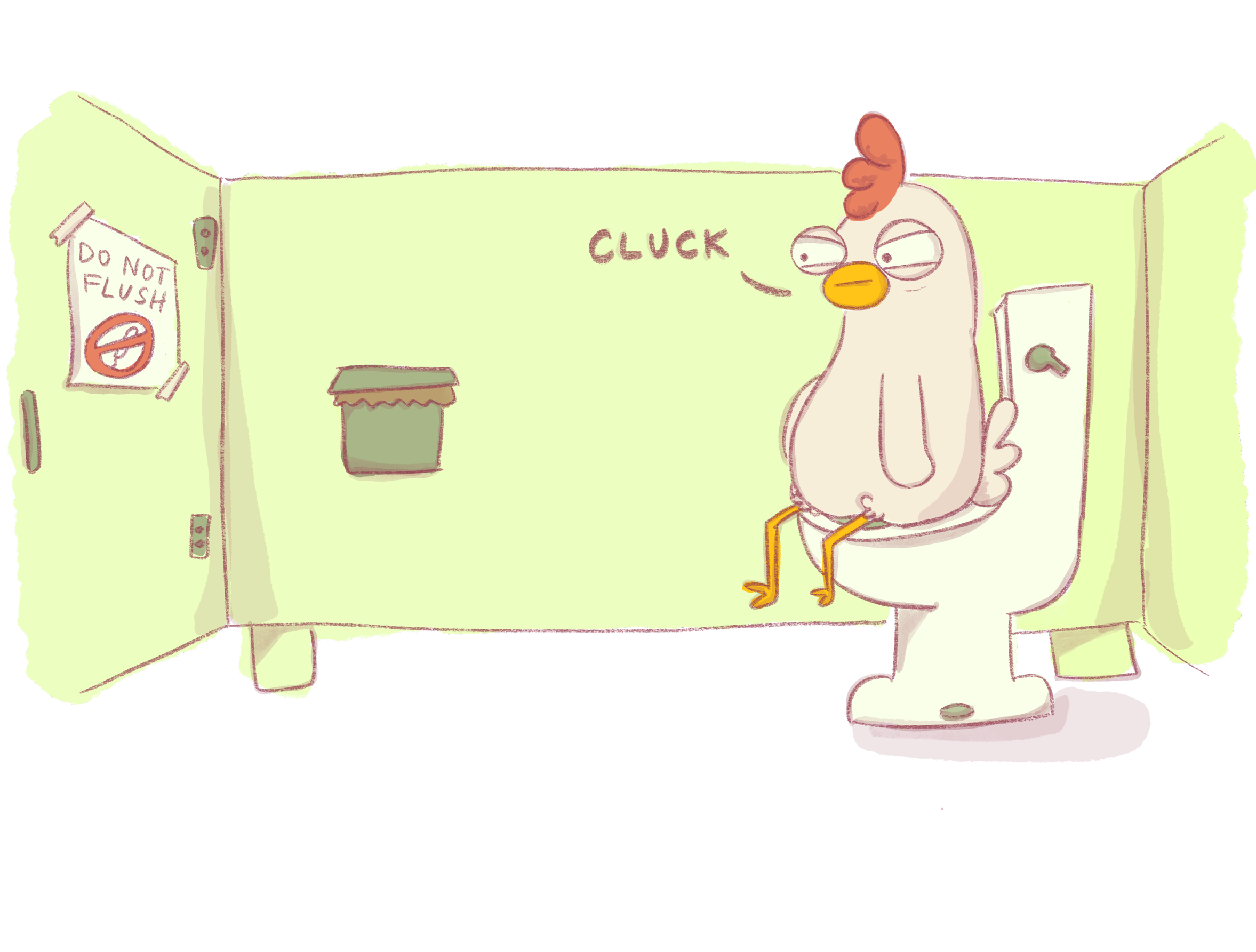 A cartoon chicken sitting on a toilet in a bathroom. The chicken has a stern expression and is facing to the right. There is a sign on the door that says 'Do Not Flush' with a crossed-out toilet symbol. The bathroom walls are painted a light green, and there is a trash can and a closed cabinet door visible.