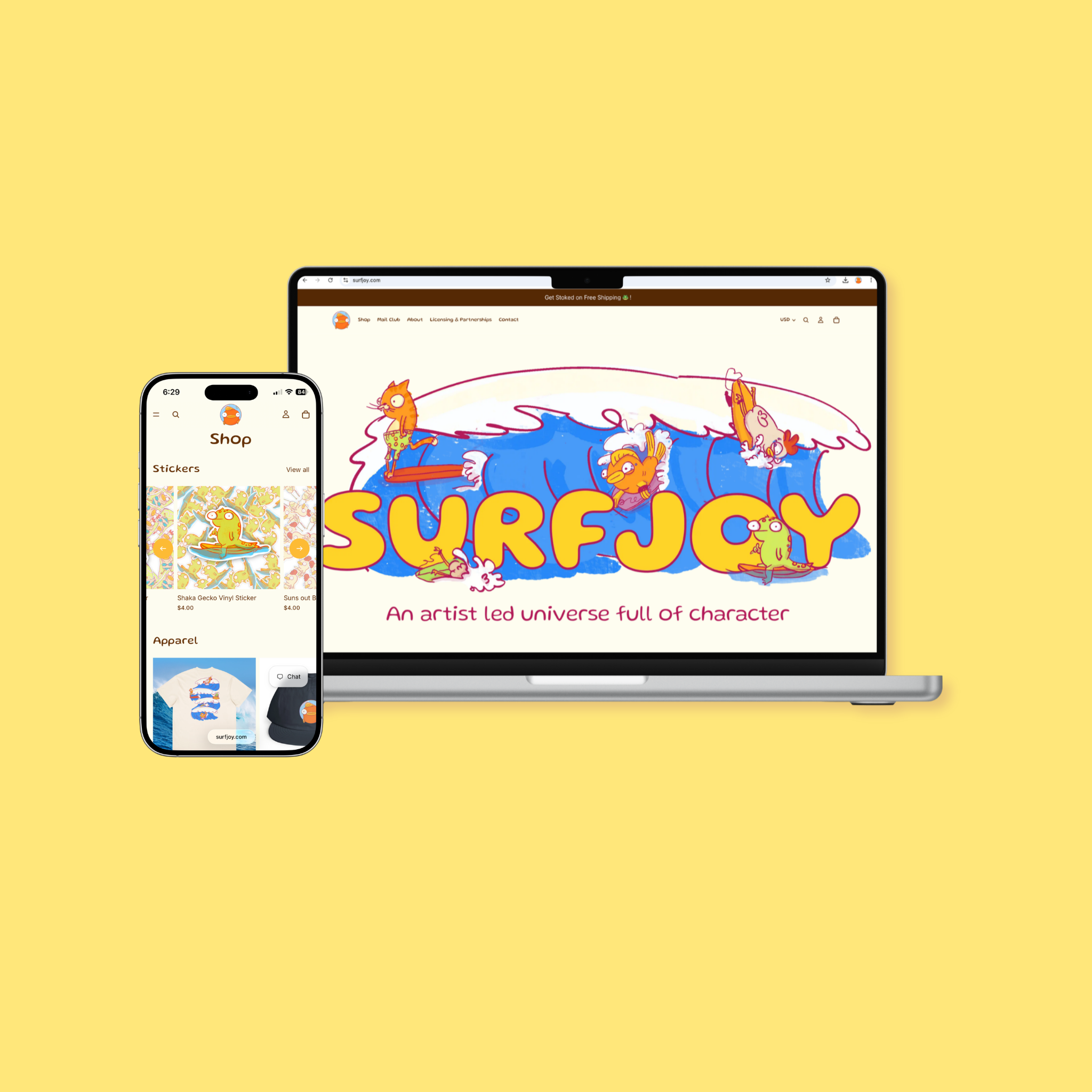 A computer and a smartphone display the Surfjoy website with colorful illustrations of cats and text promoting a universe of characters and merchandise, set against a yellow background.