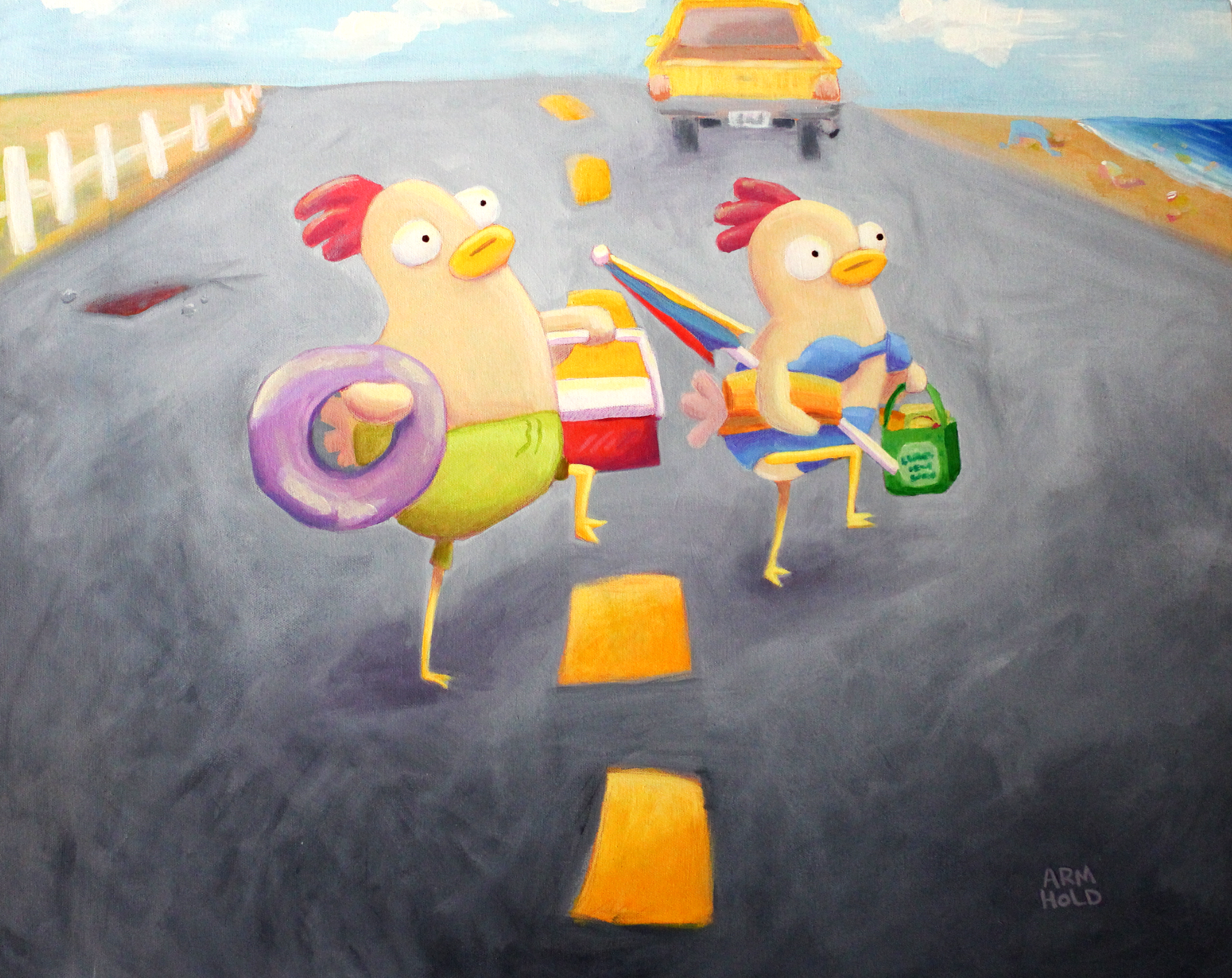 Original artwork by Jennifer Armhold of two whimsical chicken characters crossing the road with beach gear