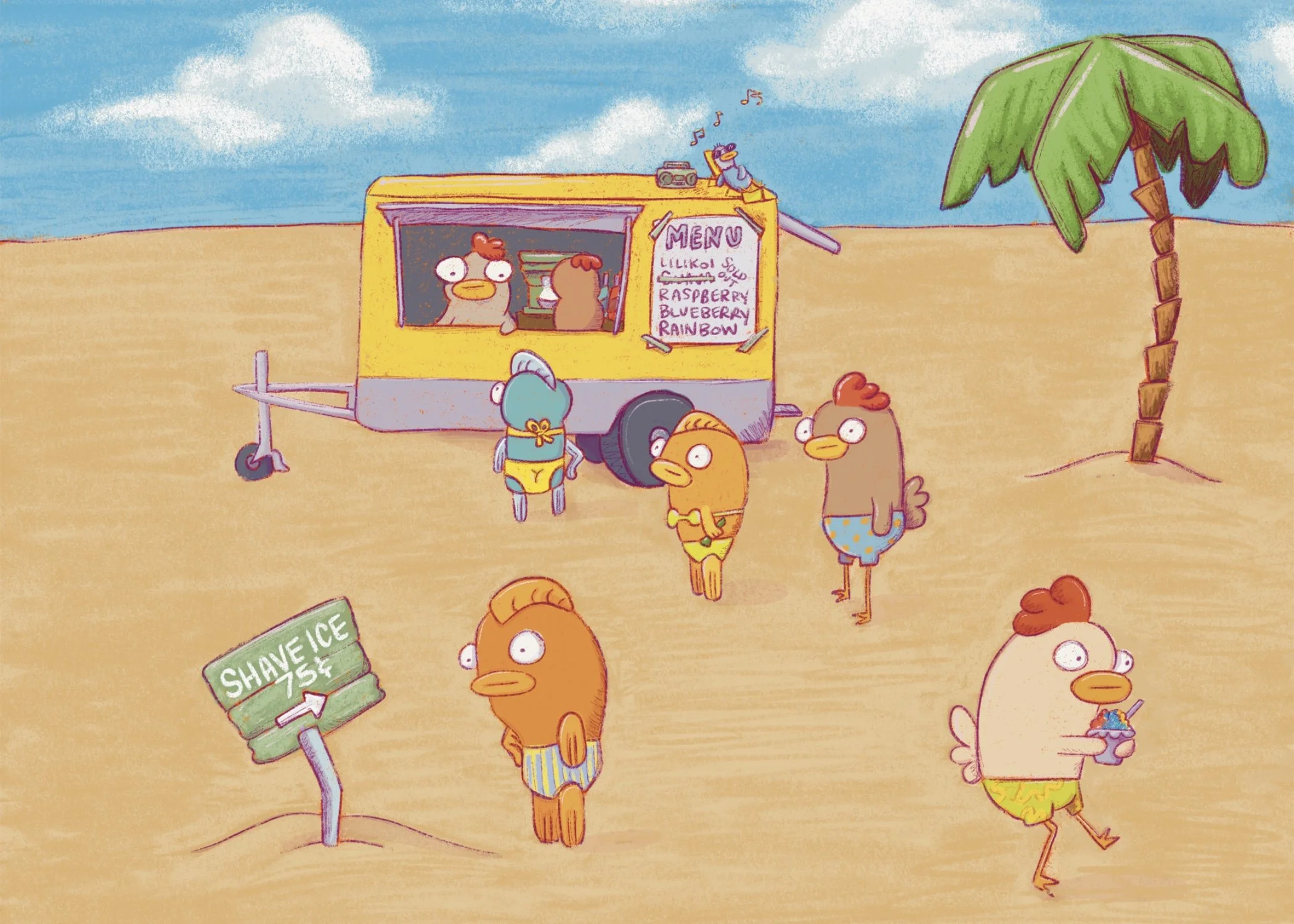 Illustrated scene of cartoon characters waiting in line for a frozen treat on the beach