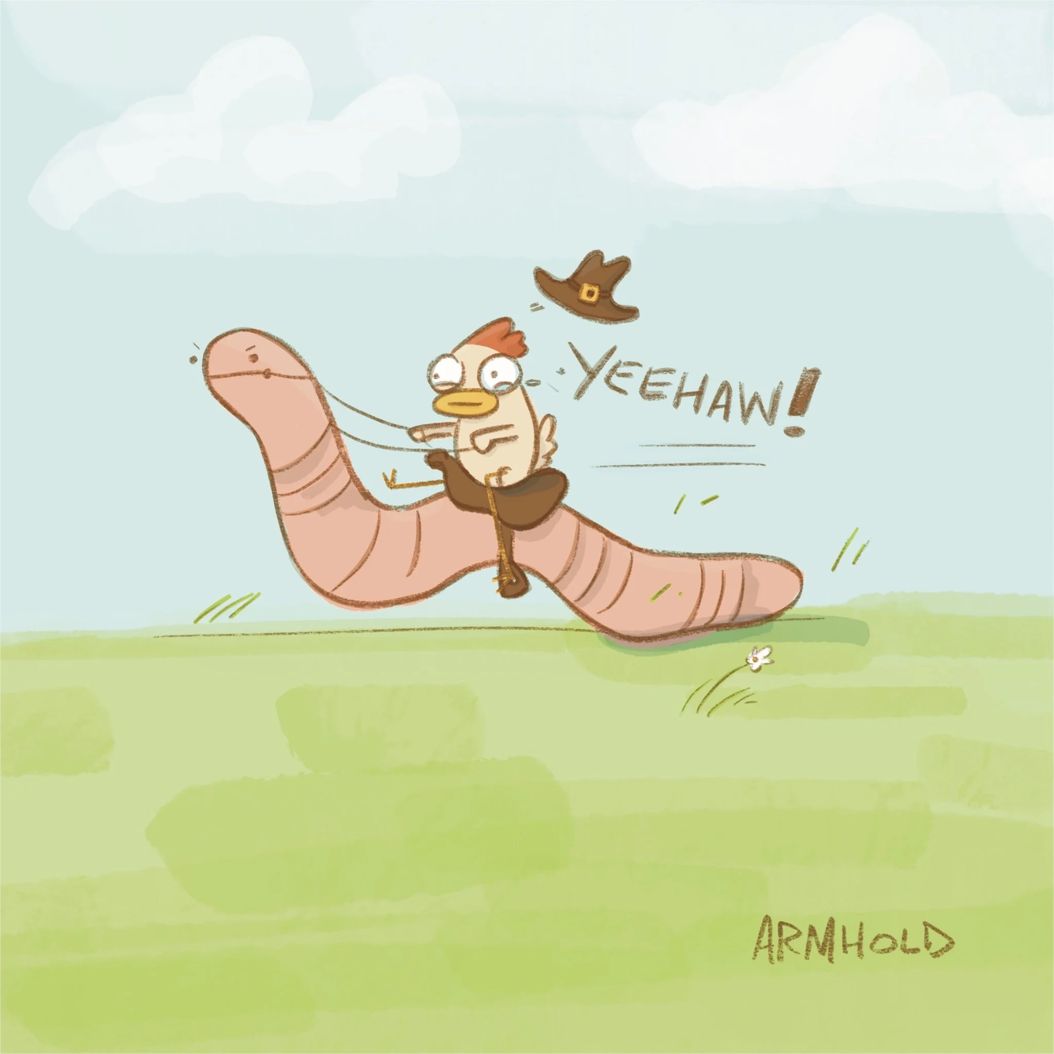 Wacky illustration of a chicken character in western gear riding a giant earthworm