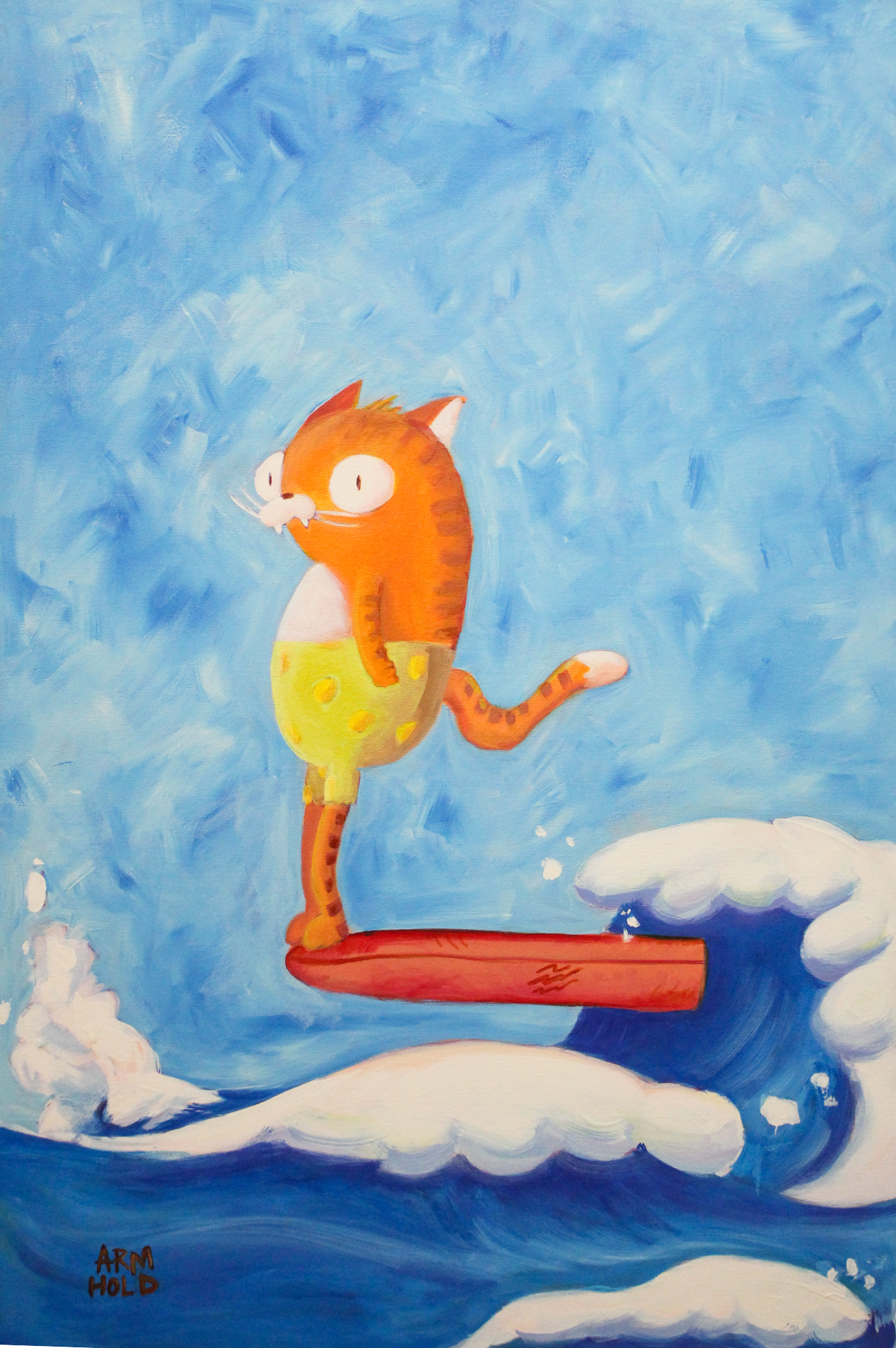 Original Artwork by Jennifer Armhold of an orange tabby cat surfing a wave