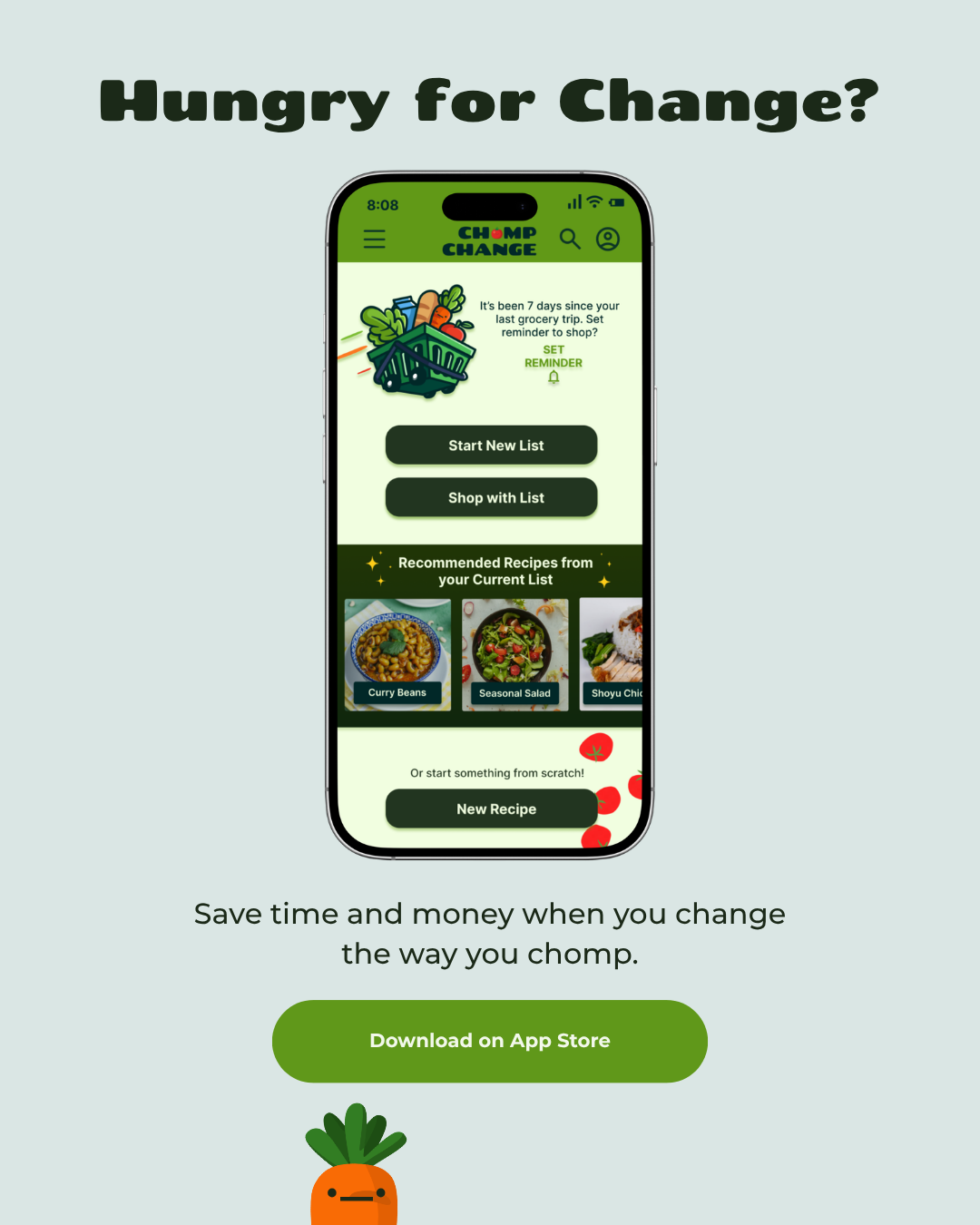 Design sample for User Interface designed by Jennifer Armhold with a home screen for a meal planning app