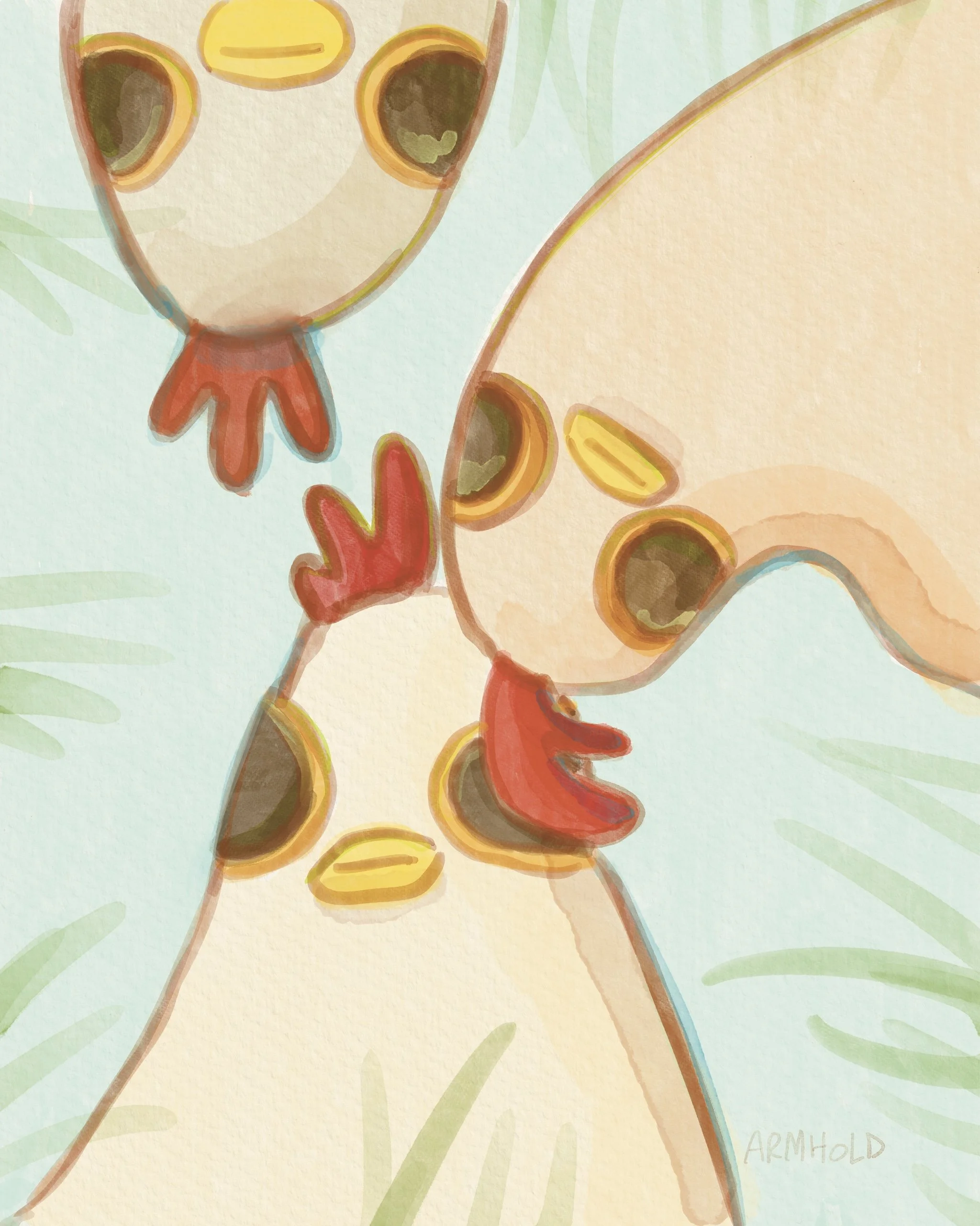 watercolor illustration of three chickens staring at viewers