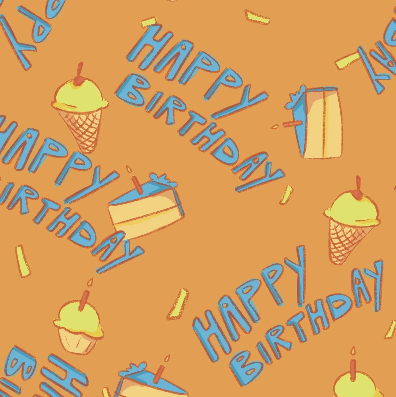 Birthday repeat pattern sample with bright orange, green, and blue birthday motifs
