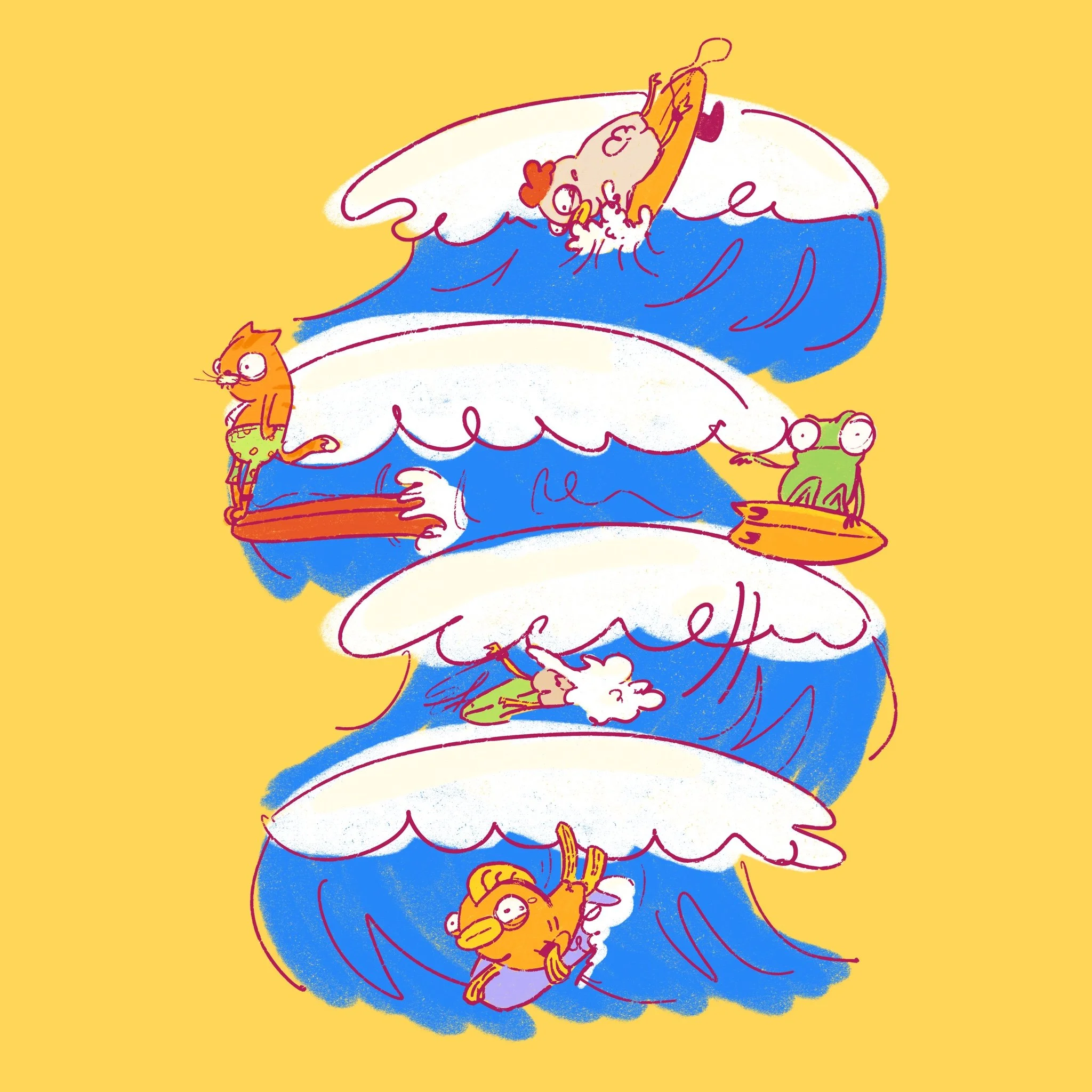 Colorful coastal illustratoin of animal characters surfing a wave