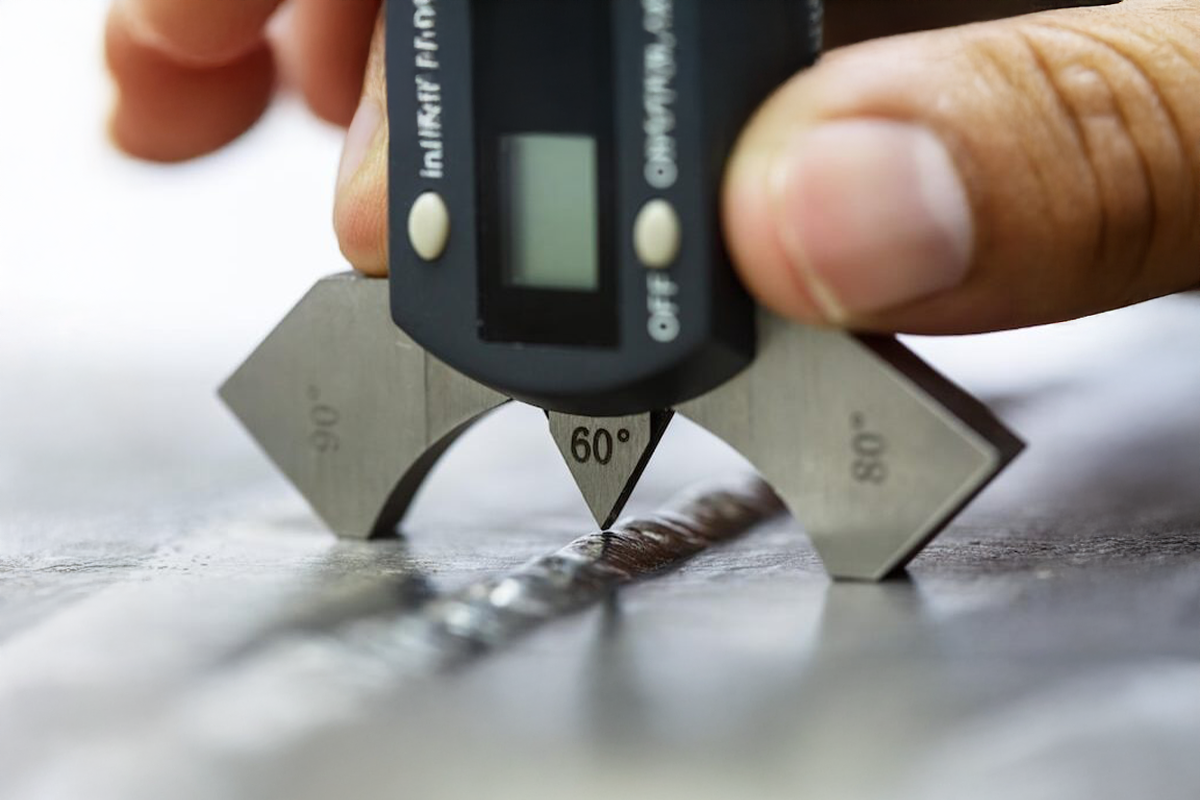 A person using a digital caliper to measure the thickness of a weld, with the caliper displaying a reading.