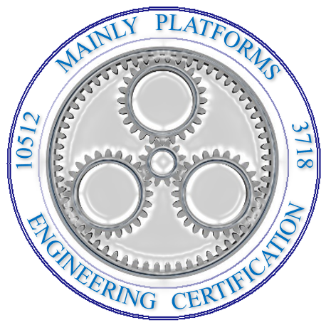 A circular badge with three interlocking gears inside. The outer ring has blue text that reads "Mainly Platforms Engineering Certification" along with numbers "10512 3718".