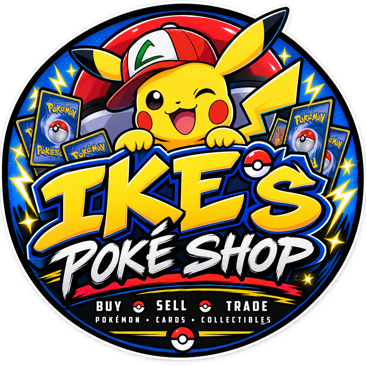 A circular logo for 'Eikes Pokémon Poke Shop' features Pikachu wearing a red cap with a green symbol, the shop name in bold yellow and white letters, and various Pokémon cards in the background. The logo includes text for buying, selling, and trading Pokémon cards and collectibles.