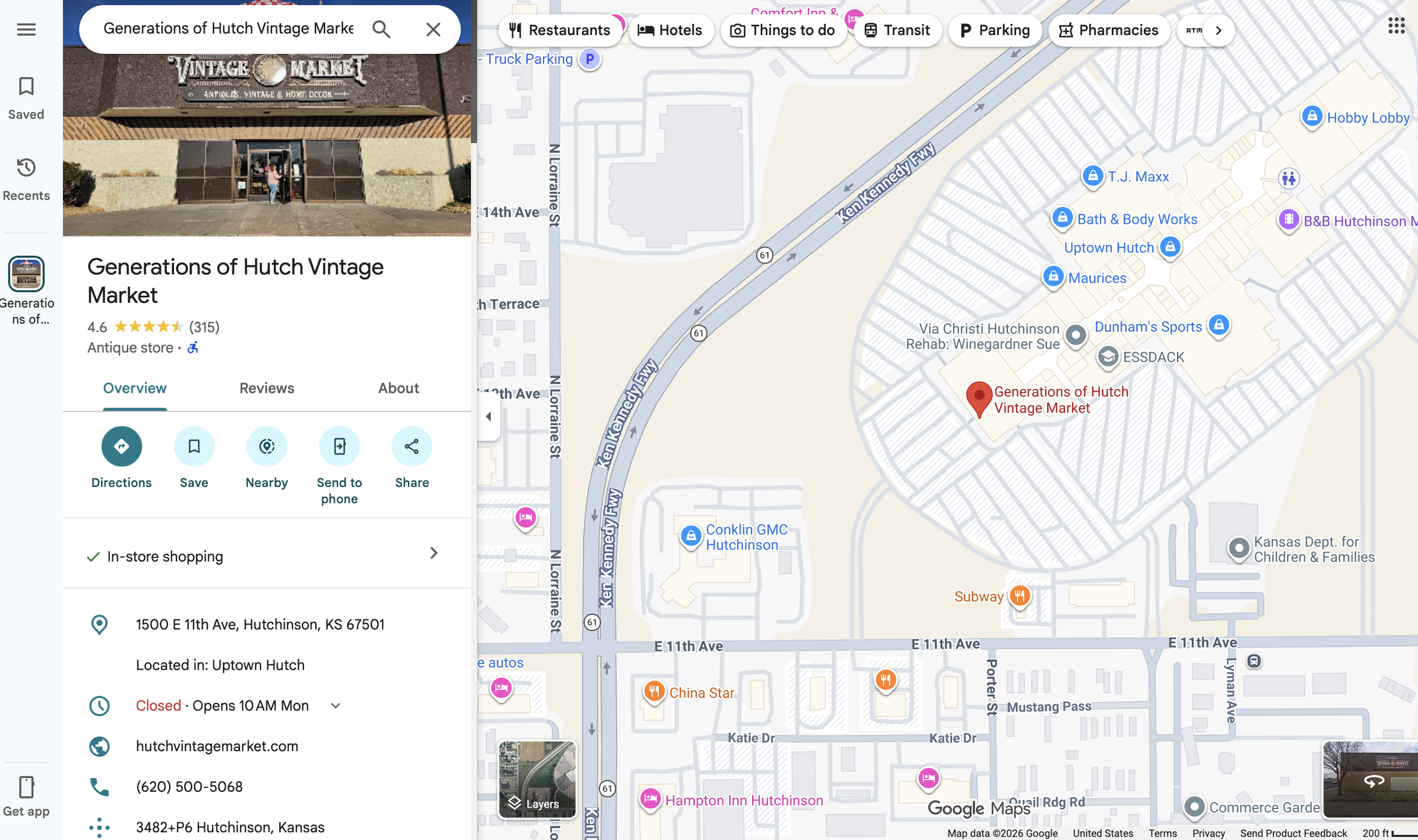 Photo of the Generations of Hutch Vintage Market storefront with a person standing at the entrance, located at 1500 E 11th Ave, Hutchinson, Kansas. The store appears closed, with an in-store shopping option and contact information displayed.