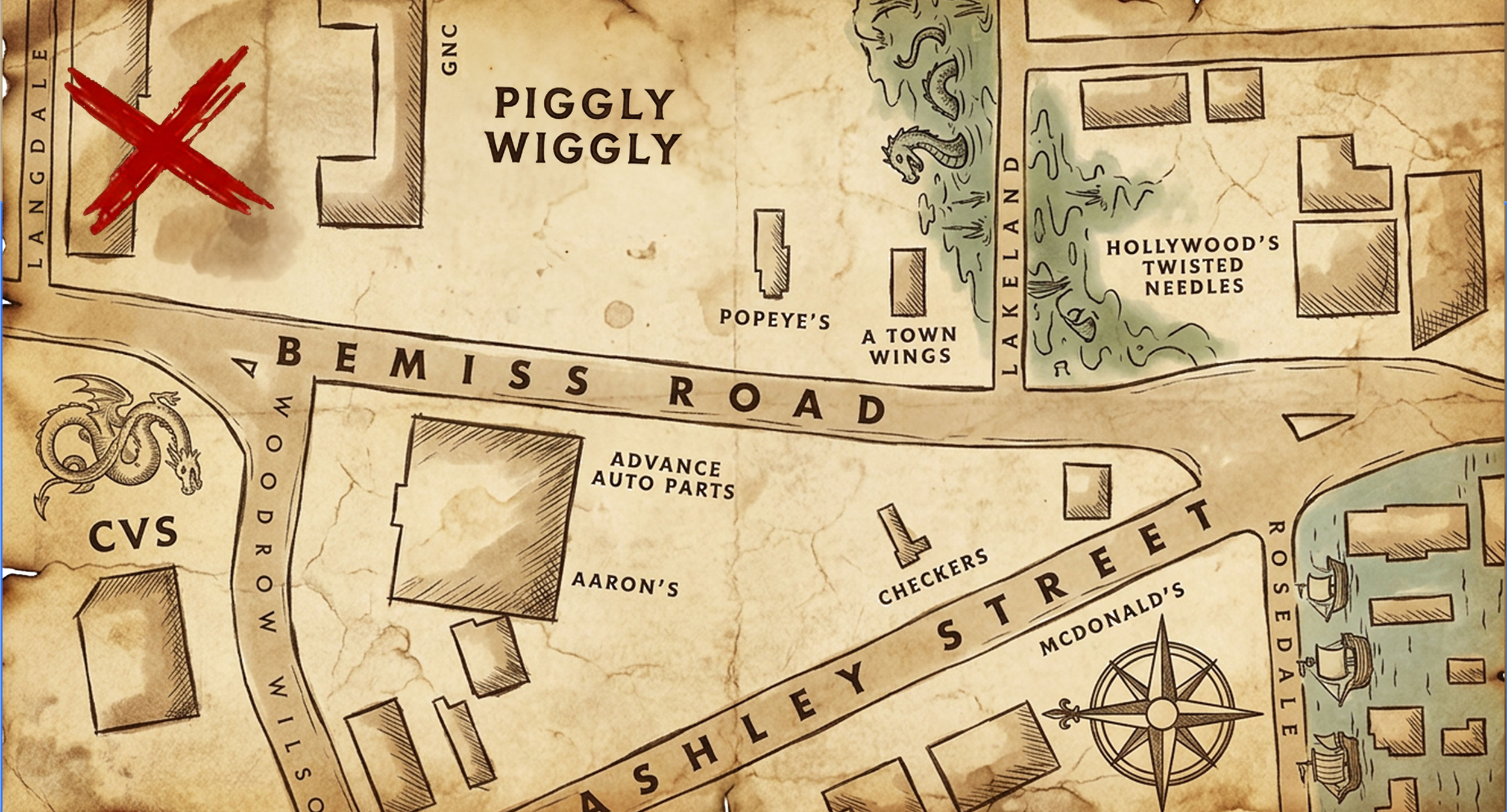 A vintage map of a map of uptown valdosta, featuring landmarks such as Piggly Wiggly, CVS pharmacy, Hollywood's Twisted Needles, and McDonald's, with street names including Alabama Lane, Bemiss Road, and Langdale Drive.